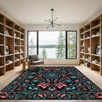 Coral Teal Floral Medallion Black Rug
