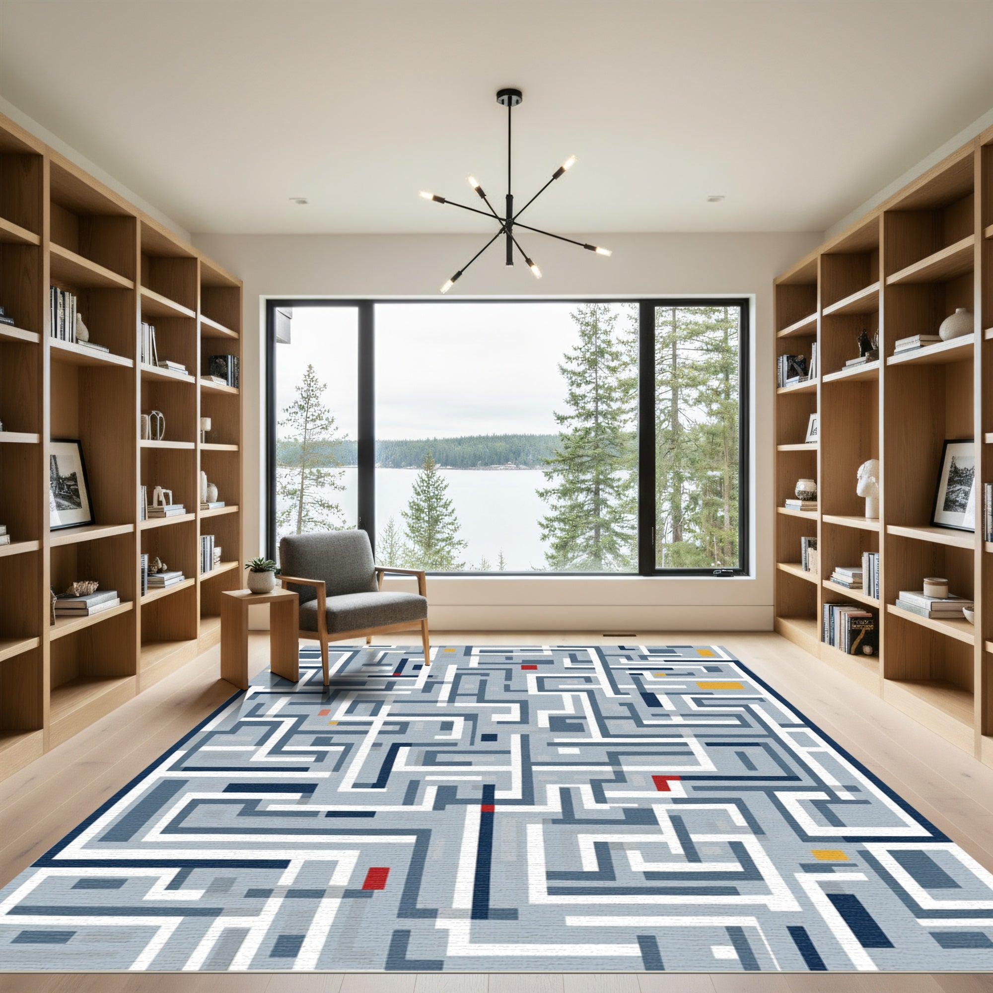 Geometric Maze Path White Blue Rug