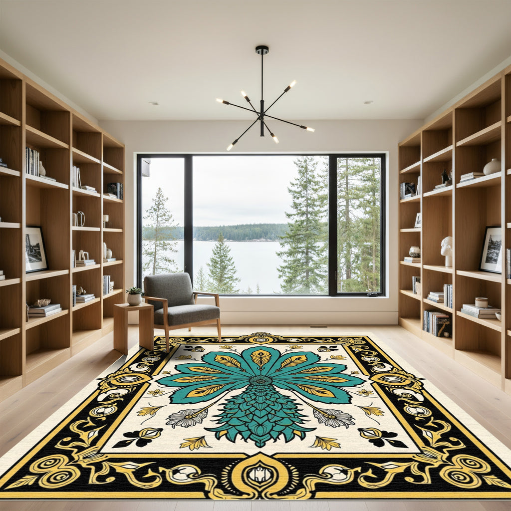Teal Gold Elaborate Peacock Medallion Rug