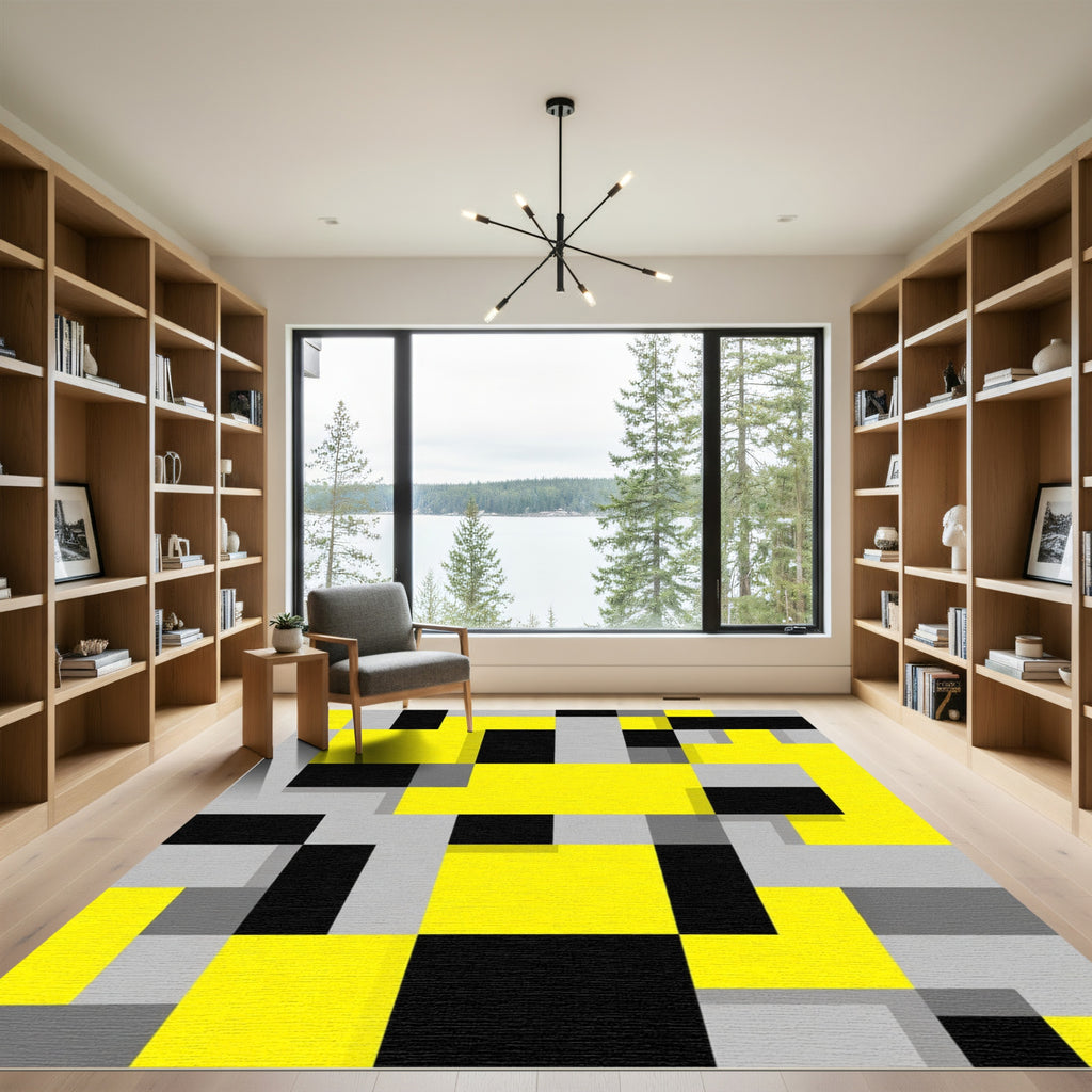Modern Geometric Blocks Yellow Black Gray Rug
