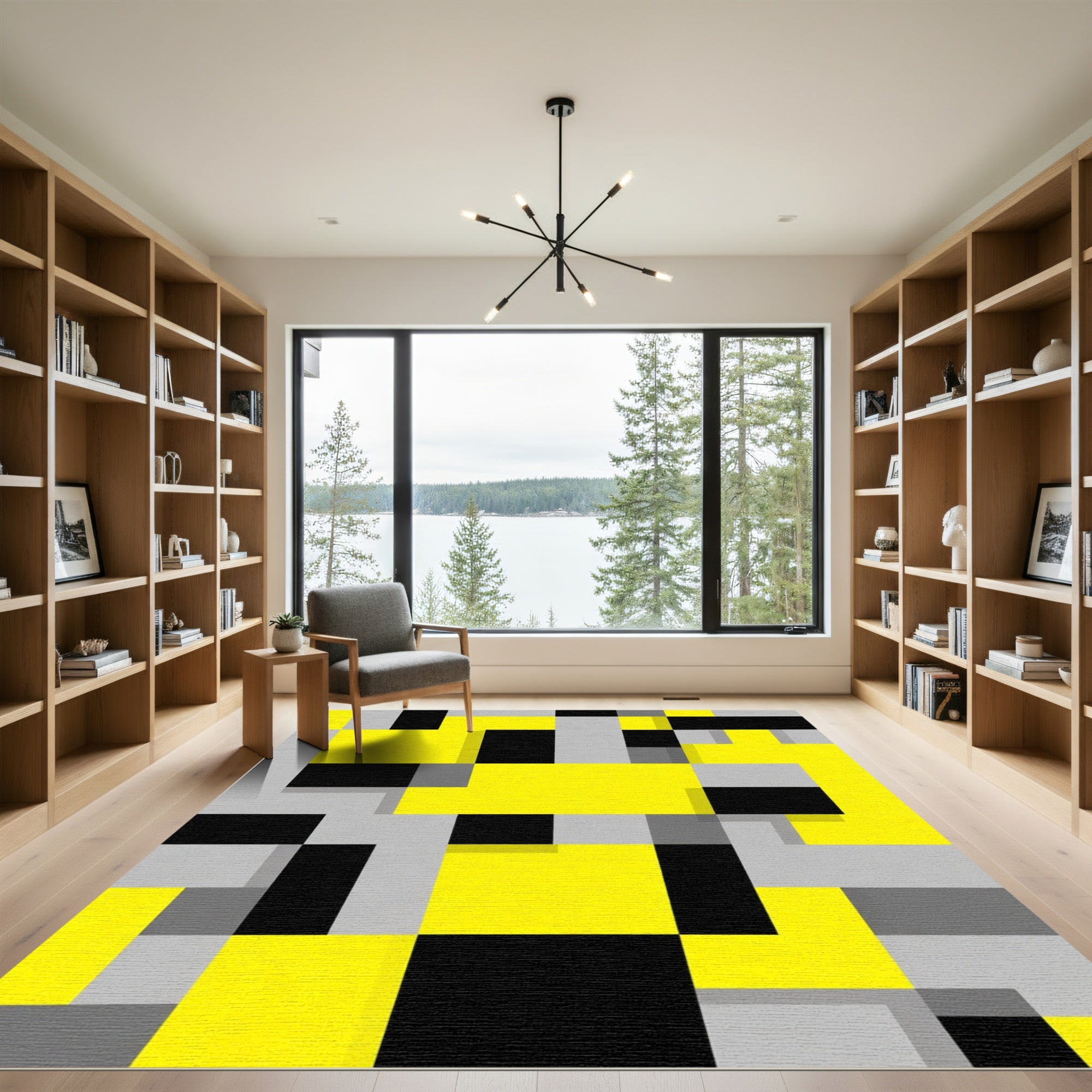 Modern Geometric Blocks Yellow Black Gray Rug