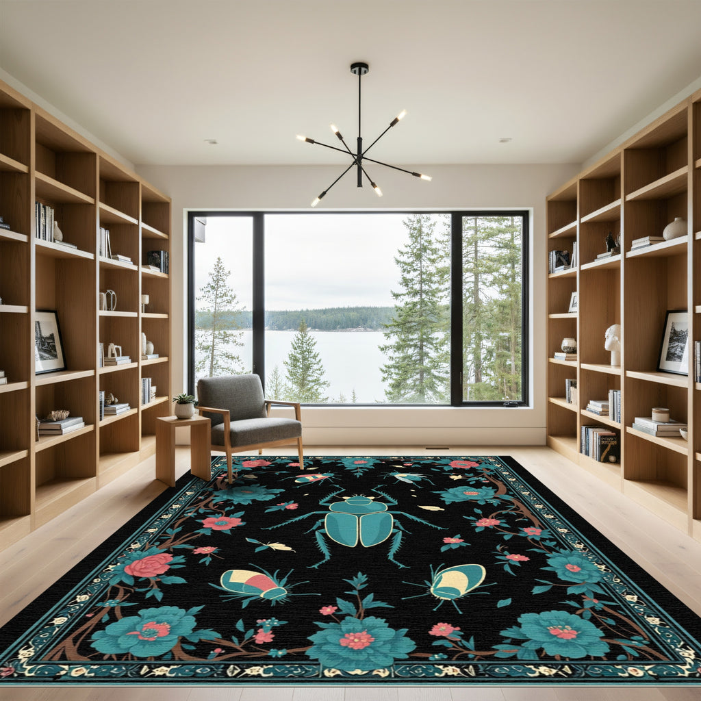 Teal Beetle Coral Flower Garden Rug