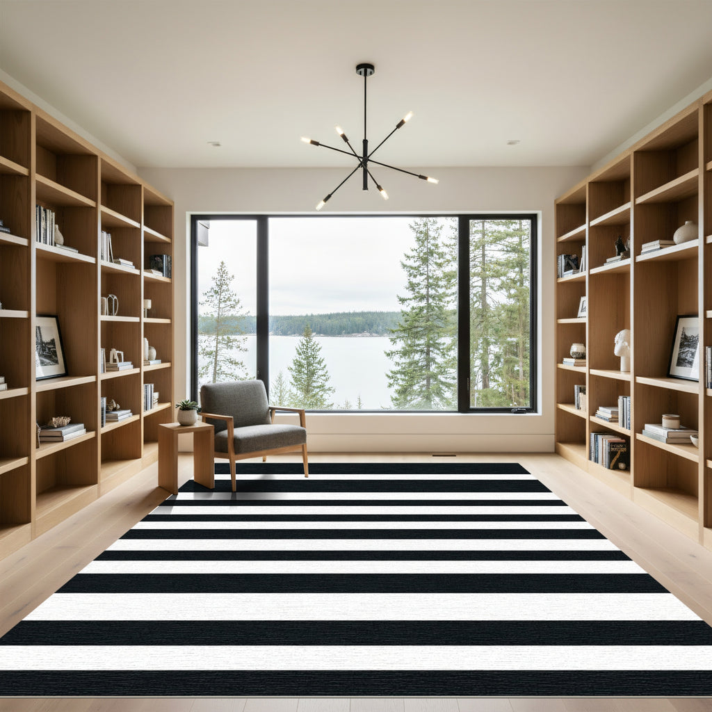 Bold Black and White Linear Bands Rug