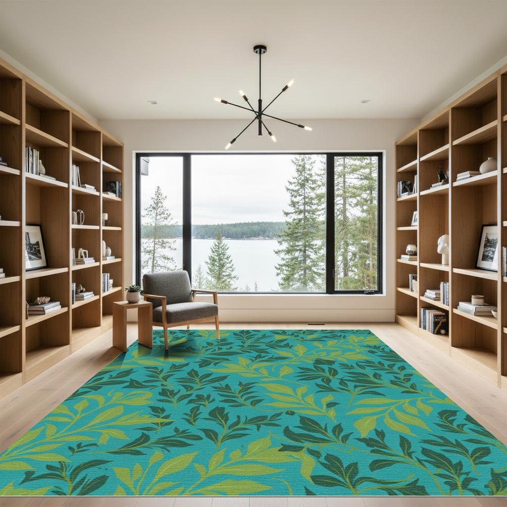 Teal Green Leafy Branch Arrangement Rug