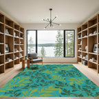 Teal Green Leafy Branch Arrangement Rug