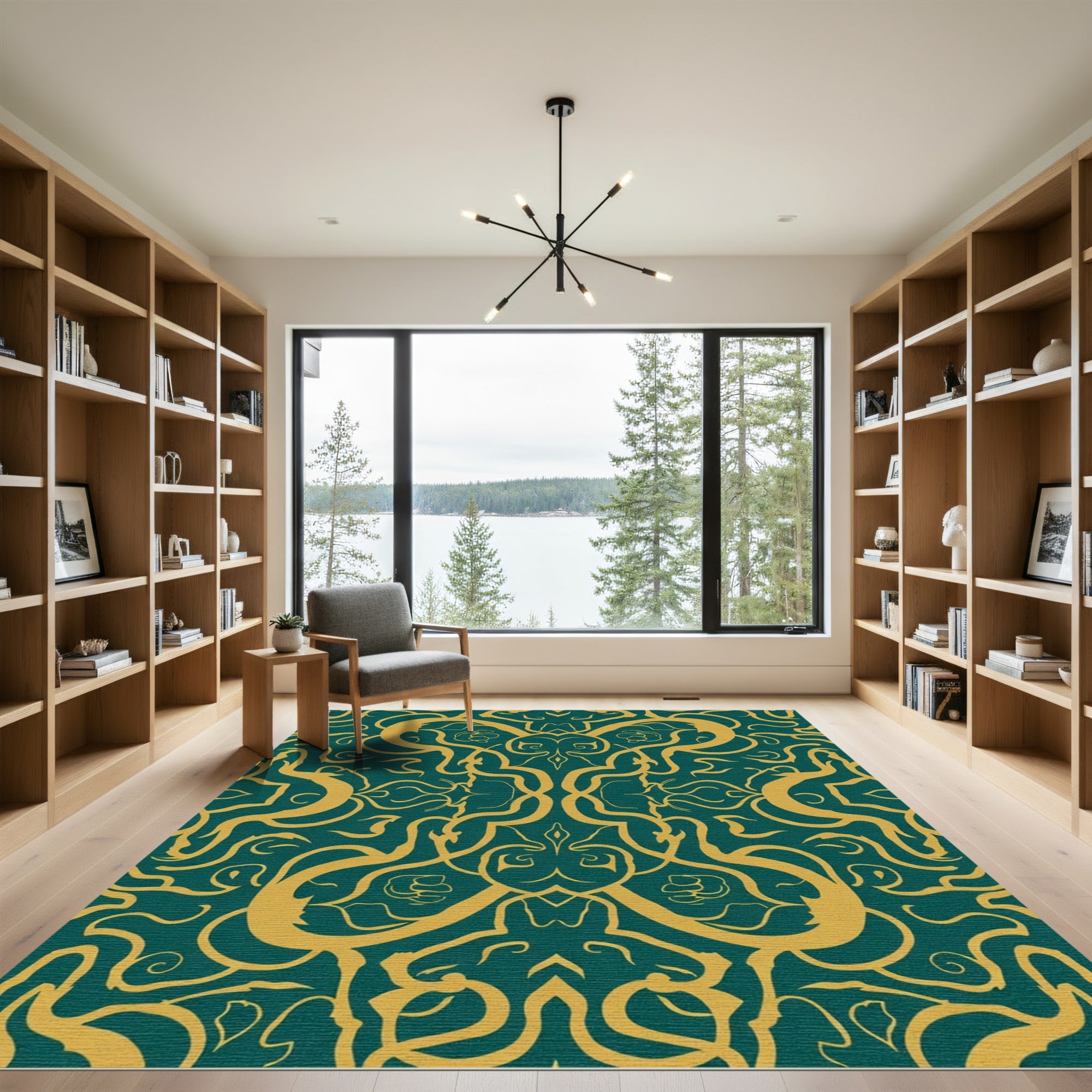Teal Gold Baroque Scrollwork Rug