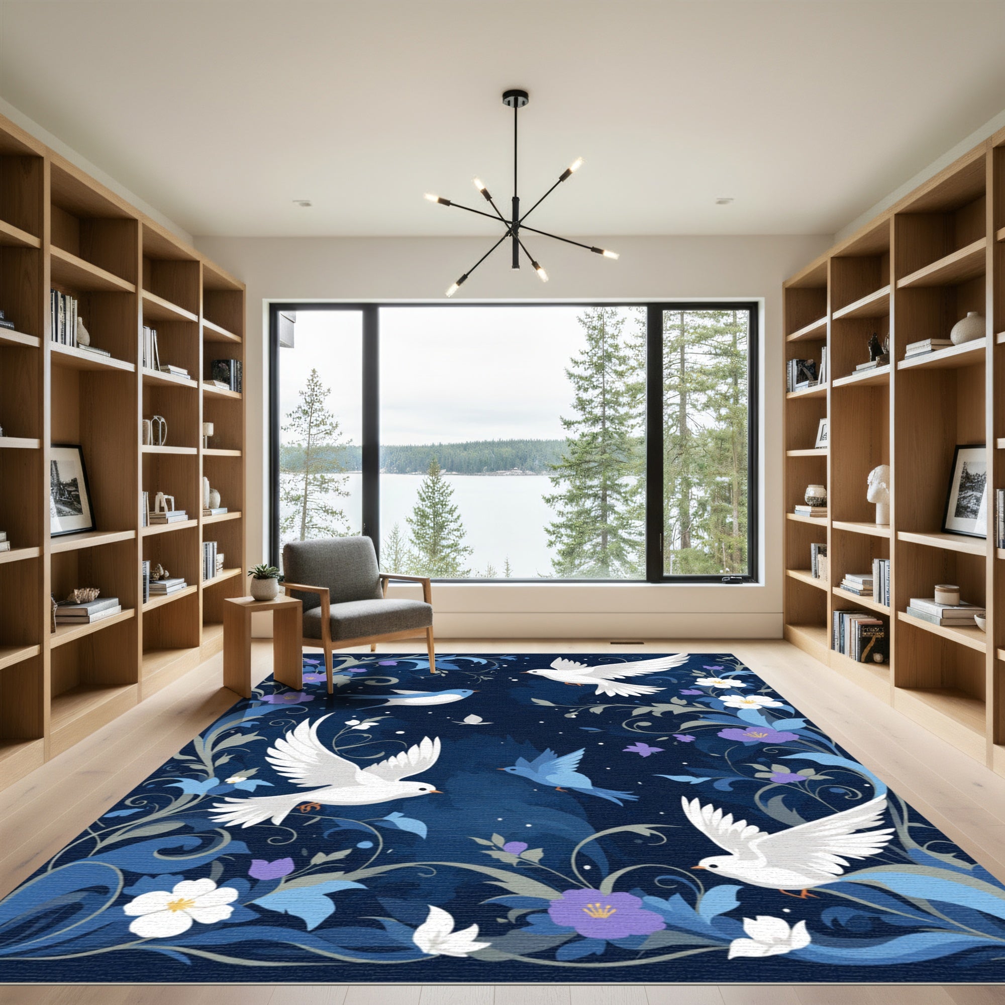 Midnight Blue Dove Floral Whimsy Rug