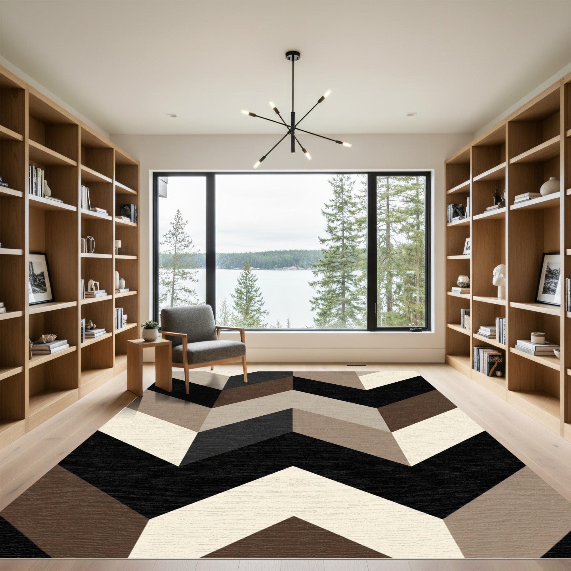 Brown Beige Black Chevron Angled Lines Rug
