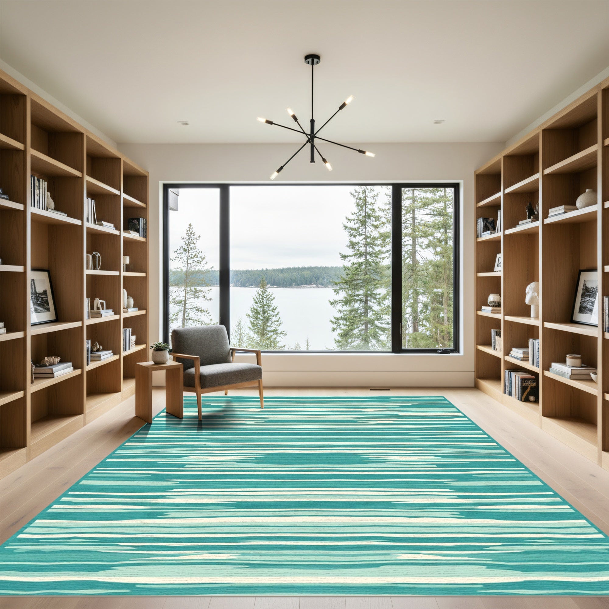 Teal and Cream Striped Organic Wave Rug