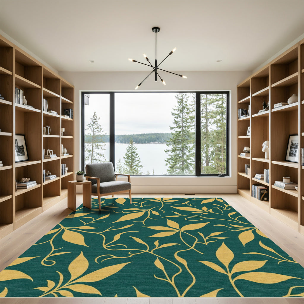 Golden Foliage On Teal Background Rug