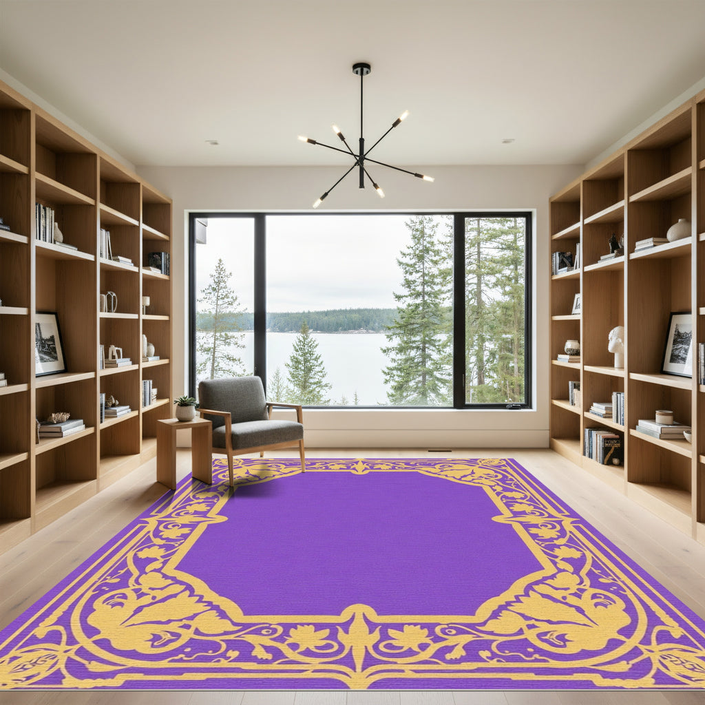 Gold Floral Vine Border Purple Rug