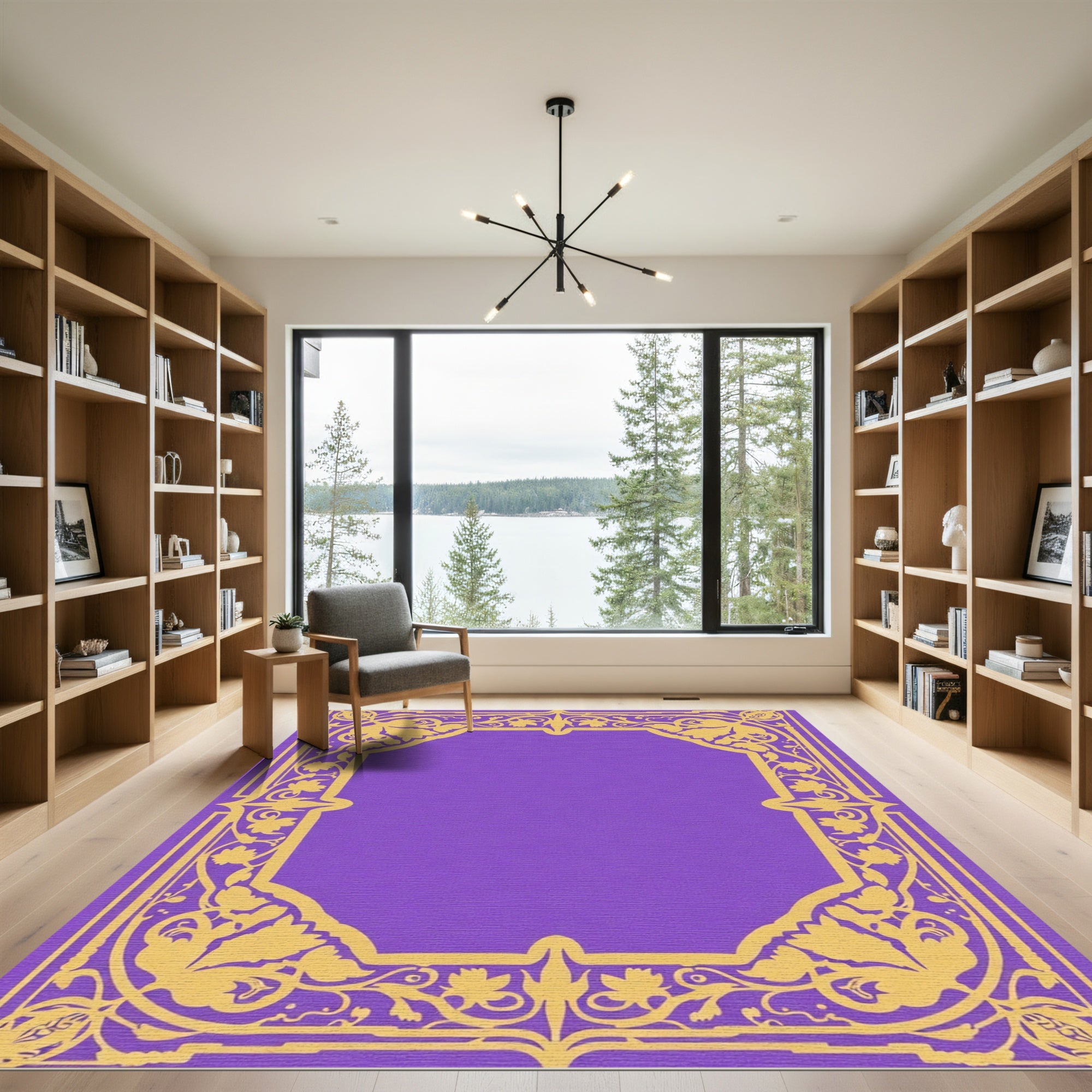 Gold Floral Vine Border Purple Rug