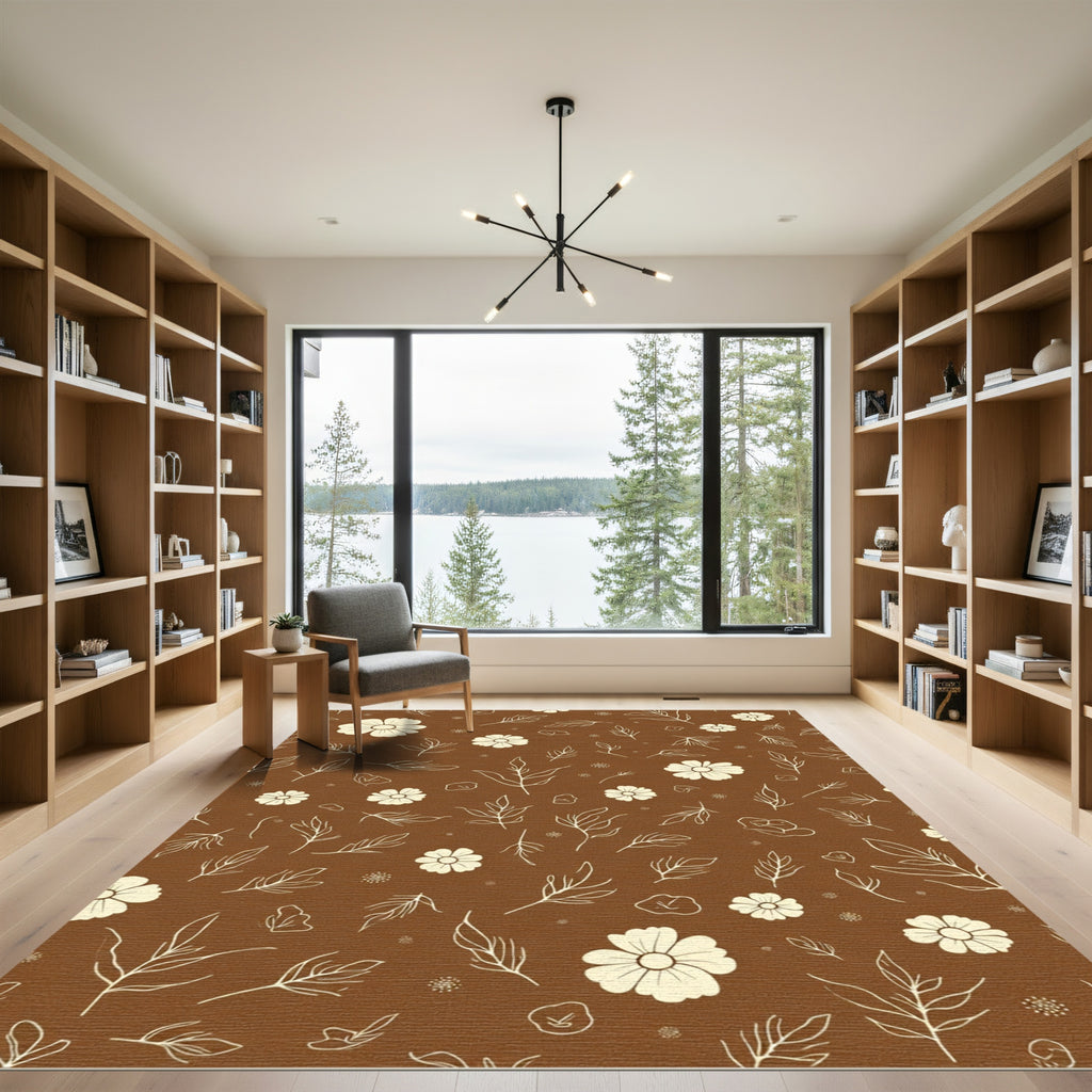 Cream Floral Leaf Contour Brown Rug