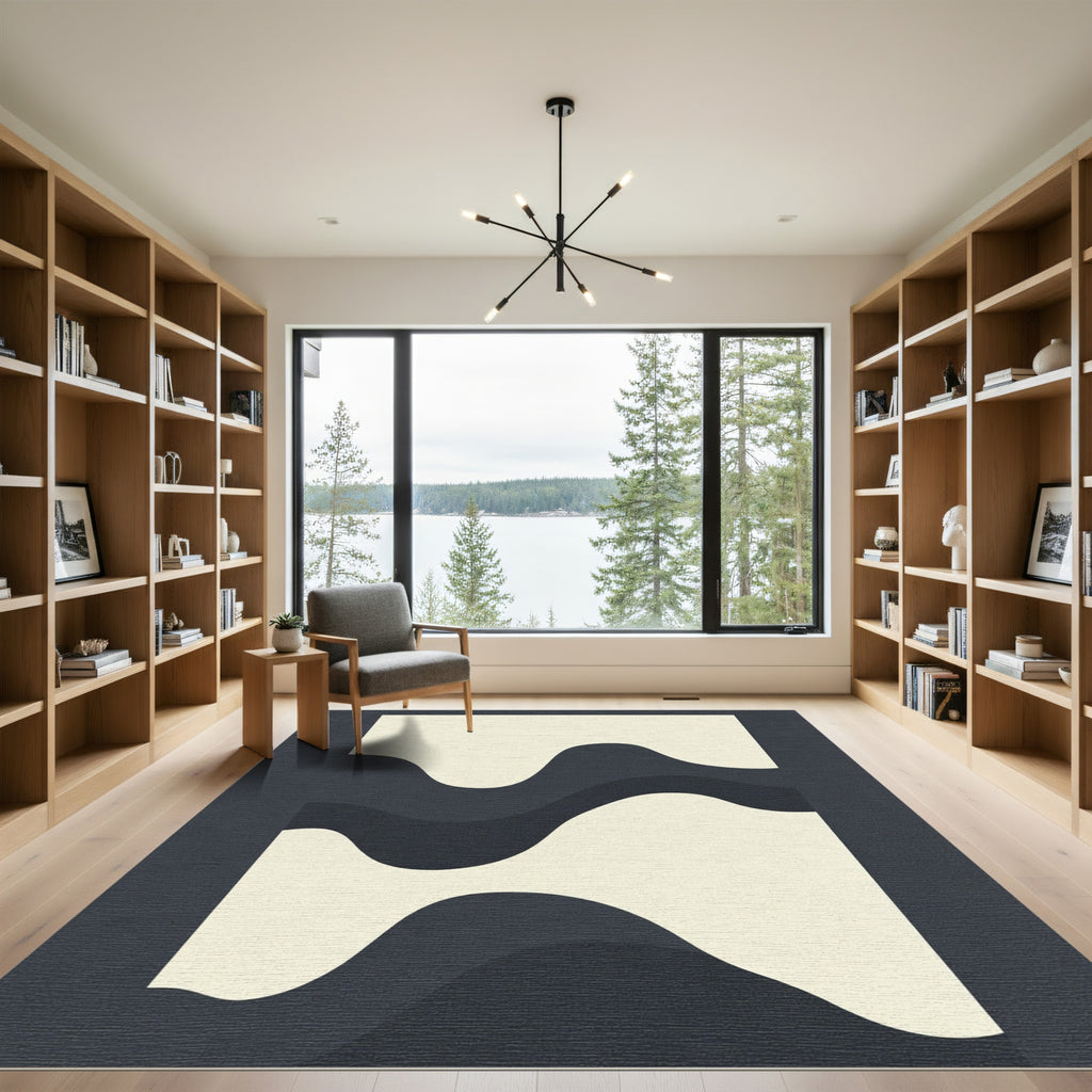 Cream and Charcoal Abstract Wave Rug