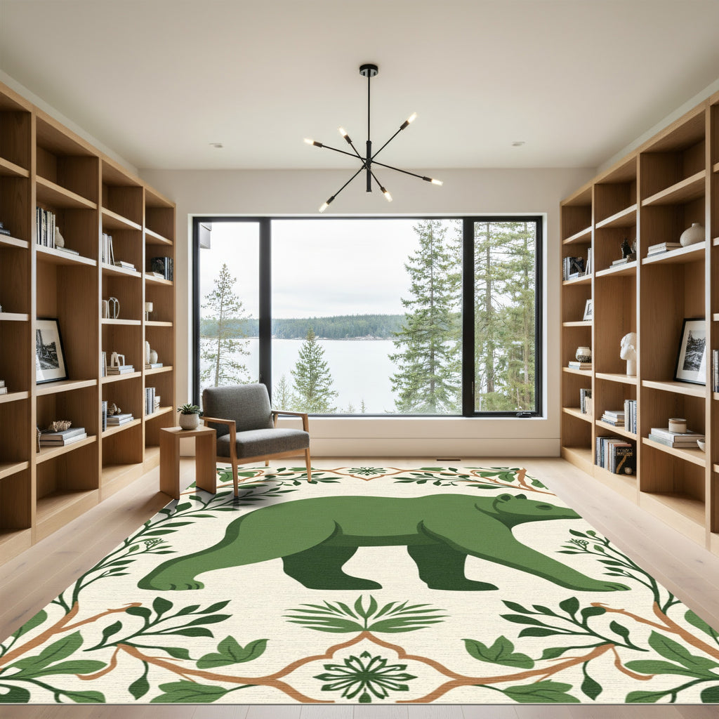 Green Bear Woodland Border Art Rug