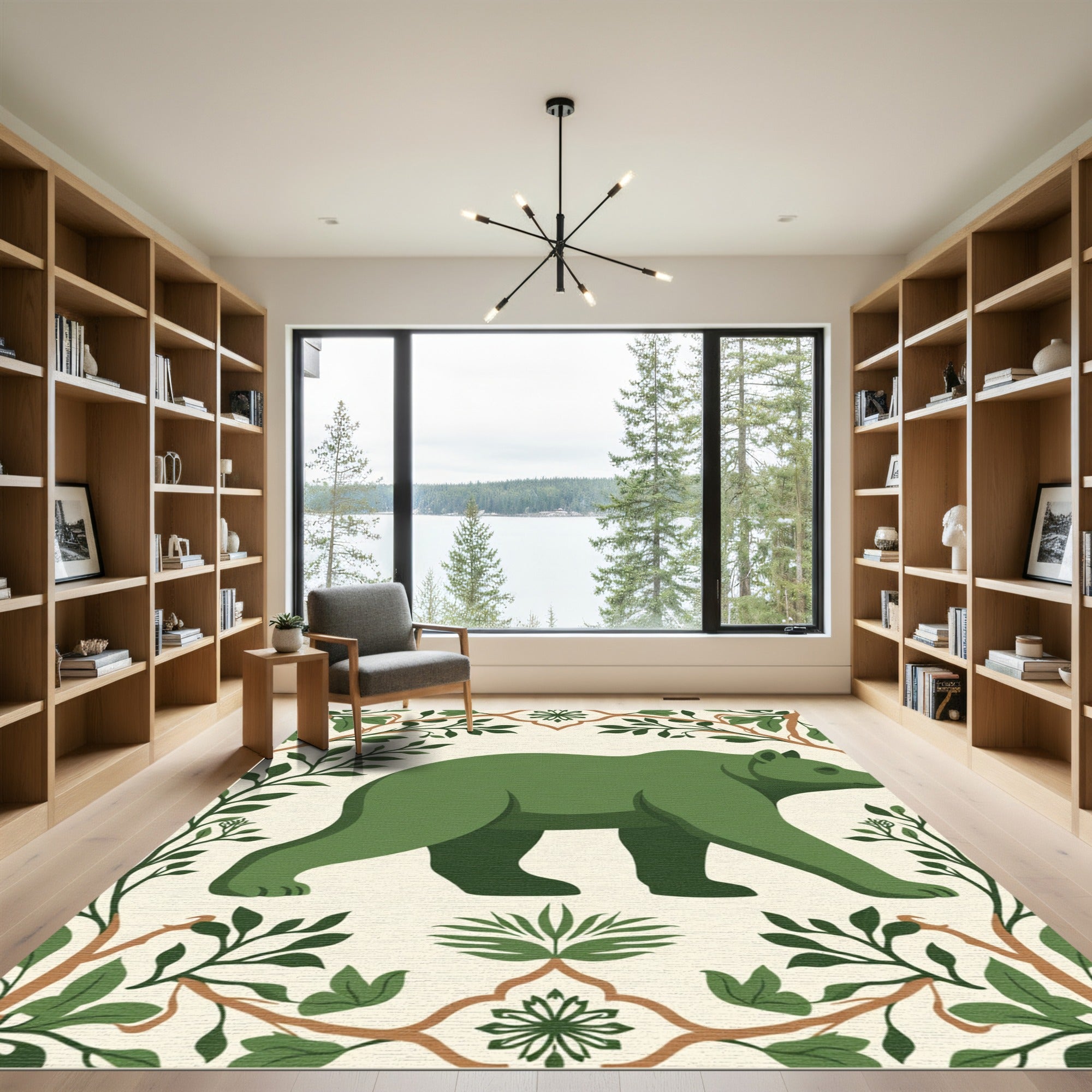 Green Bear Woodland Border Art Rug