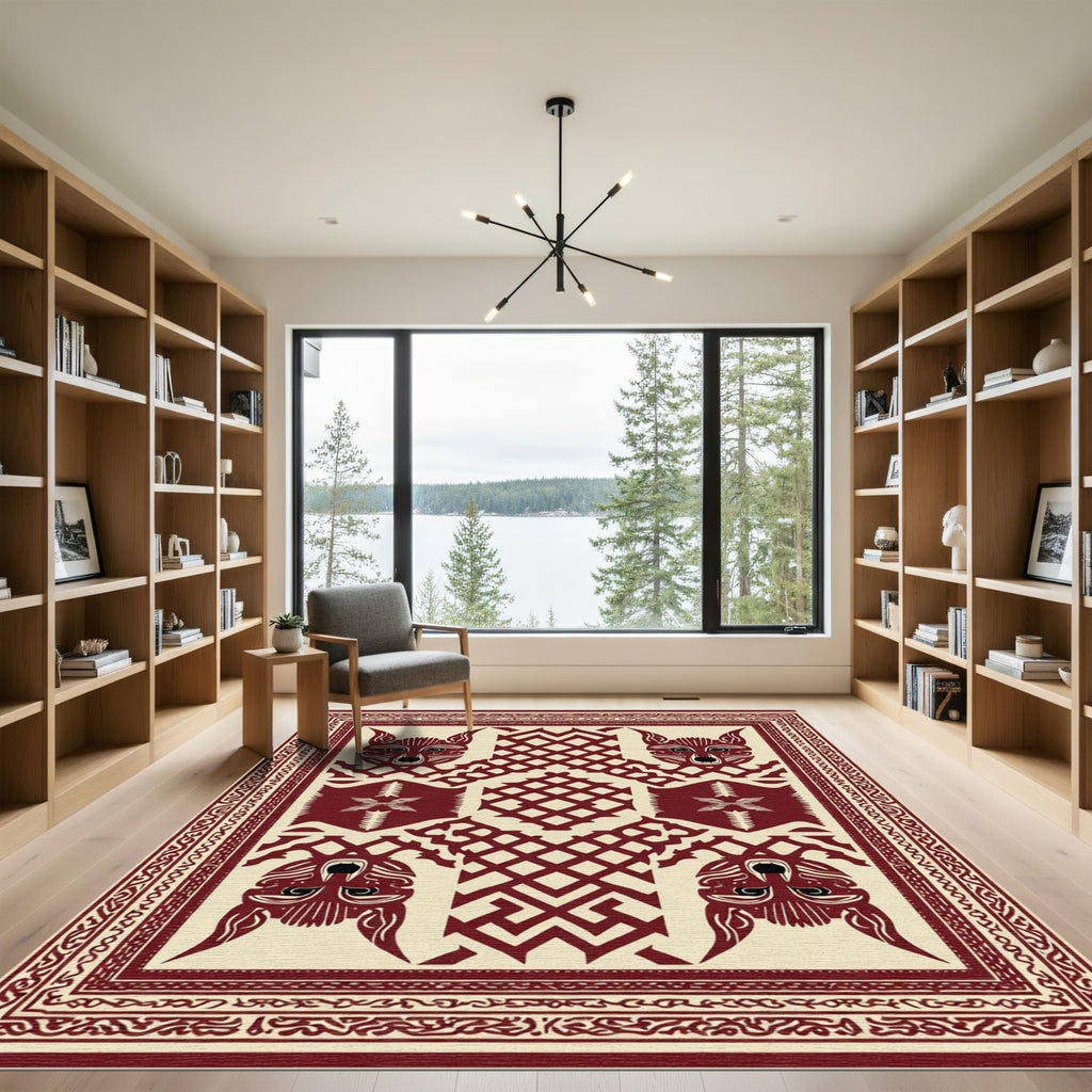 Earthy Crimson Animal Motif Rug