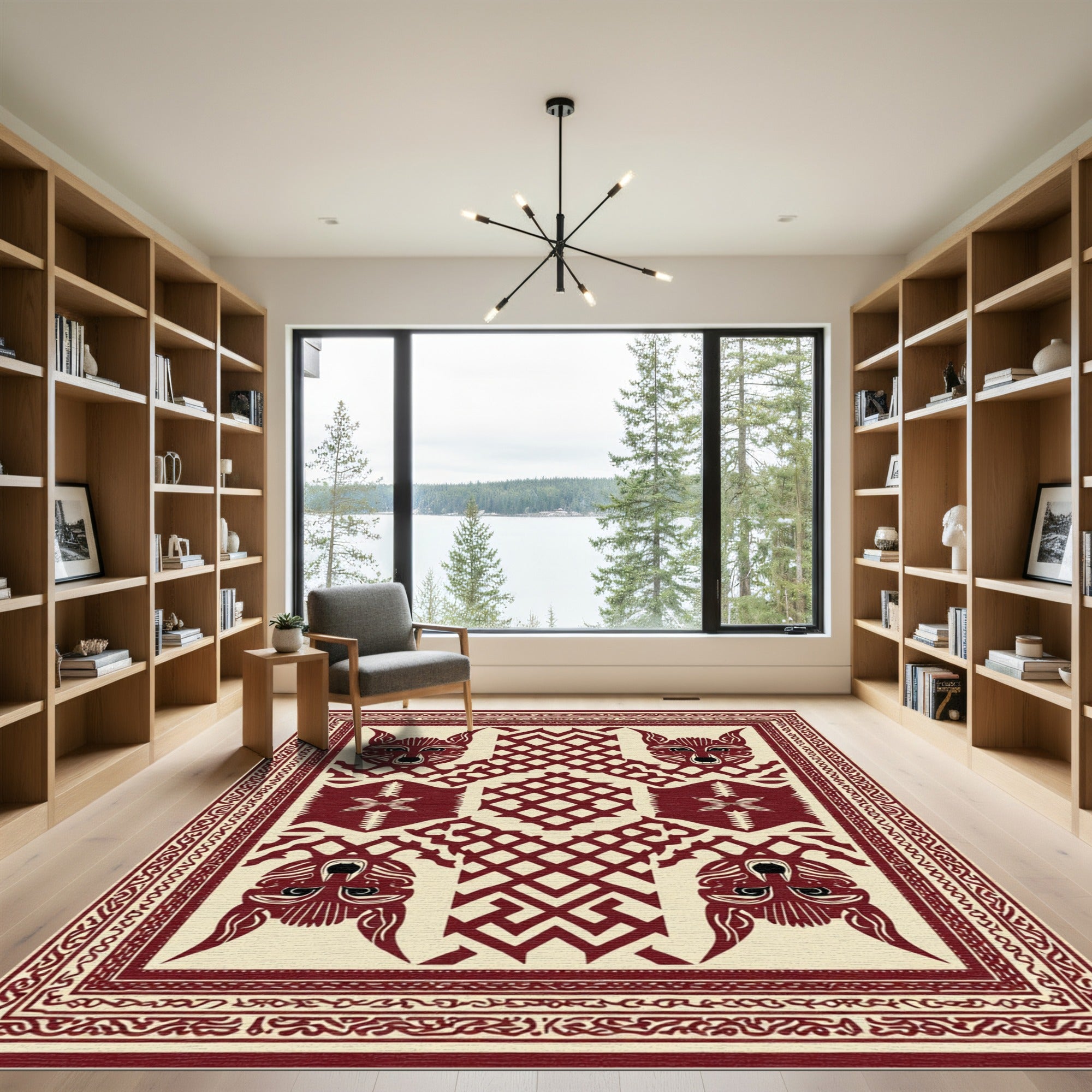 Earthy Crimson Animal Motif Rug