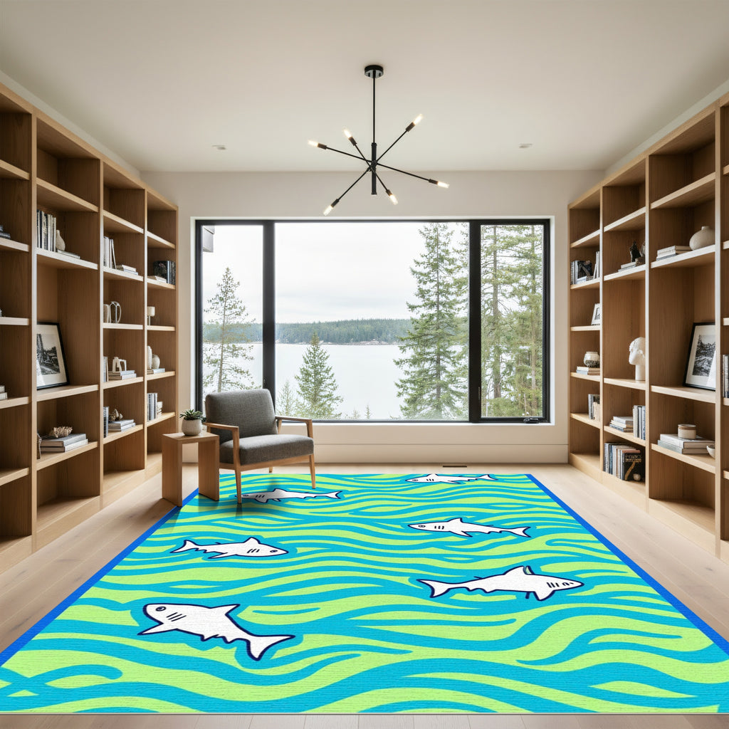 Playful White Sharks Blue Wave Rug