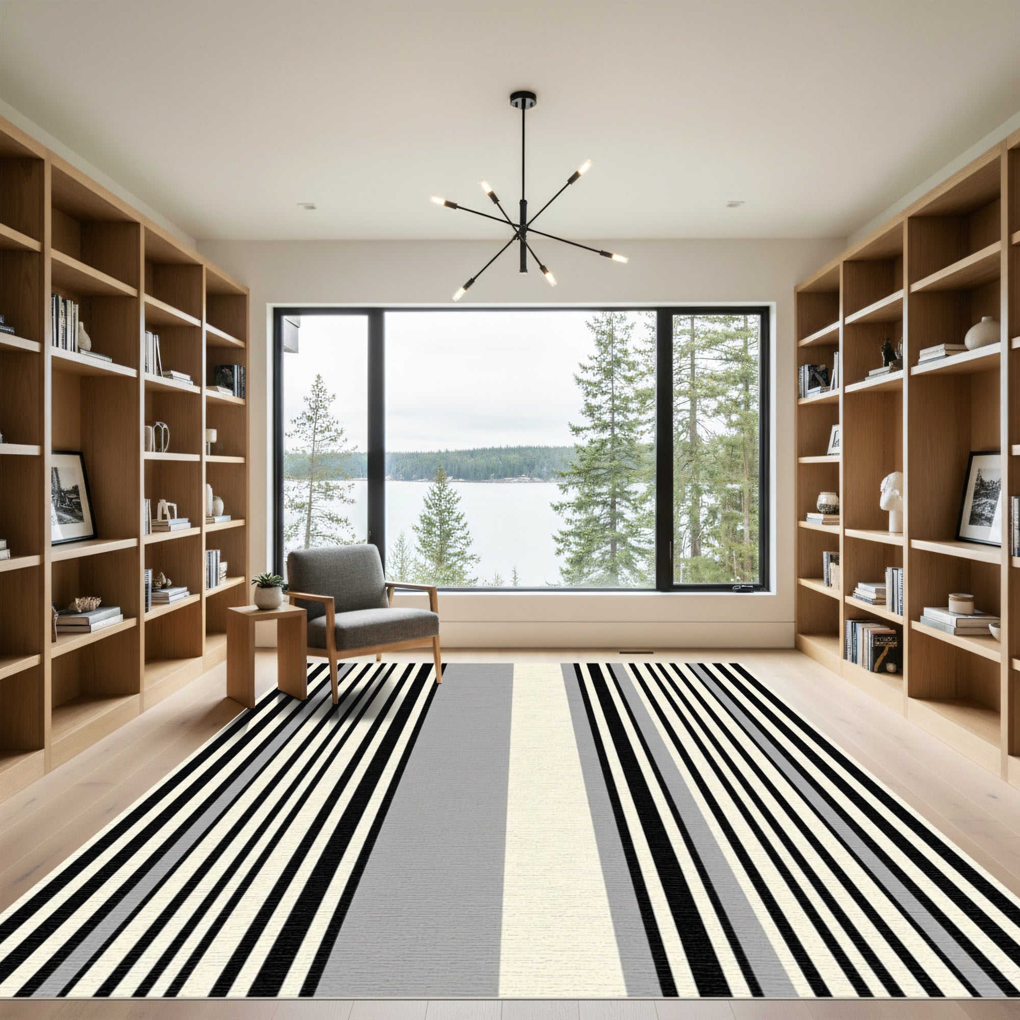Modern Black Cream Gray Stripe Rug