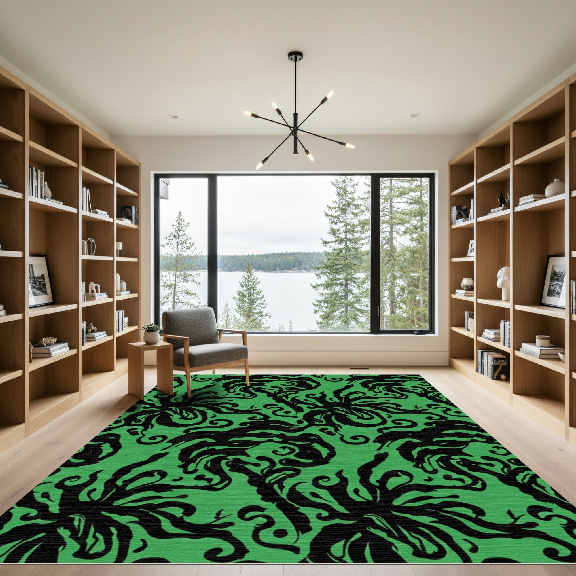 Bold Black Swirling Green Abstract Rug
