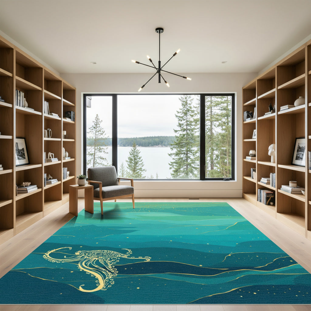 Oceanic Teal Gold Octopus Waves Rug