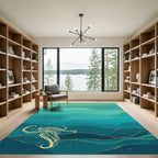Oceanic Teal Gold Octopus Waves Rug