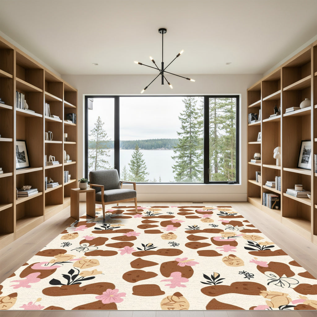 Whimsical Brown Floral Clay Pebble Rug