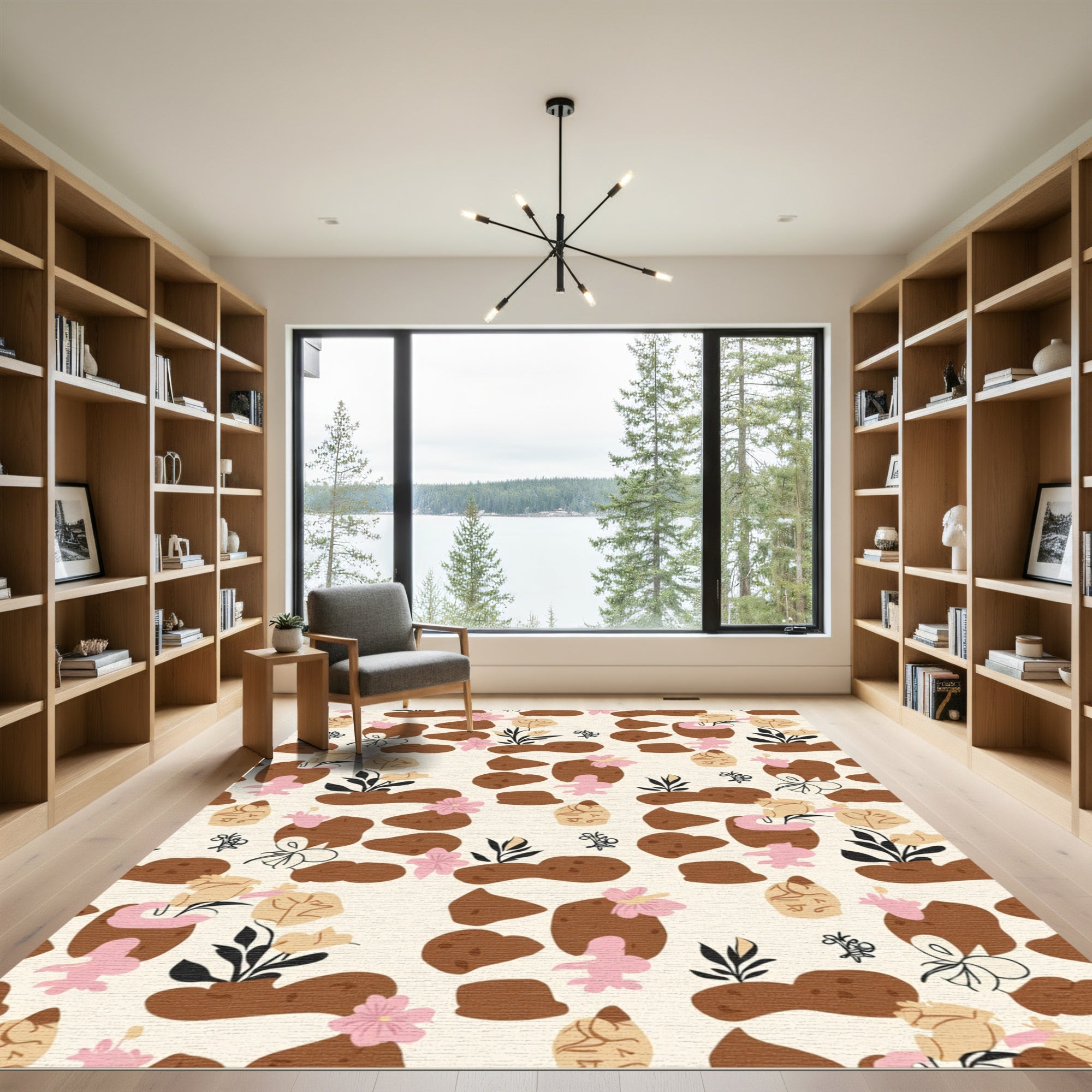 Whimsical Brown Floral Clay Pebble Rug