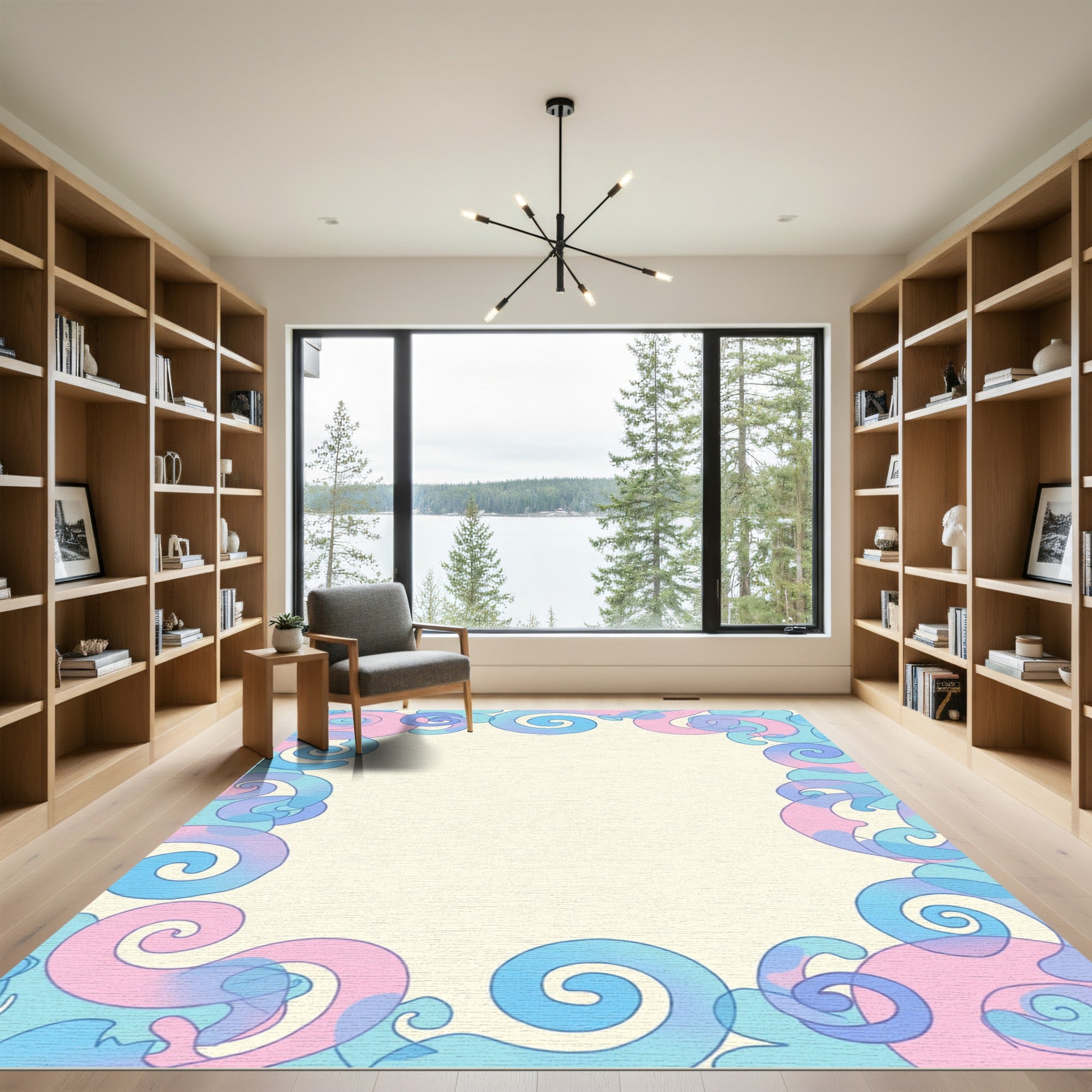 Pastel Swirl Border with Pink Blue Rug