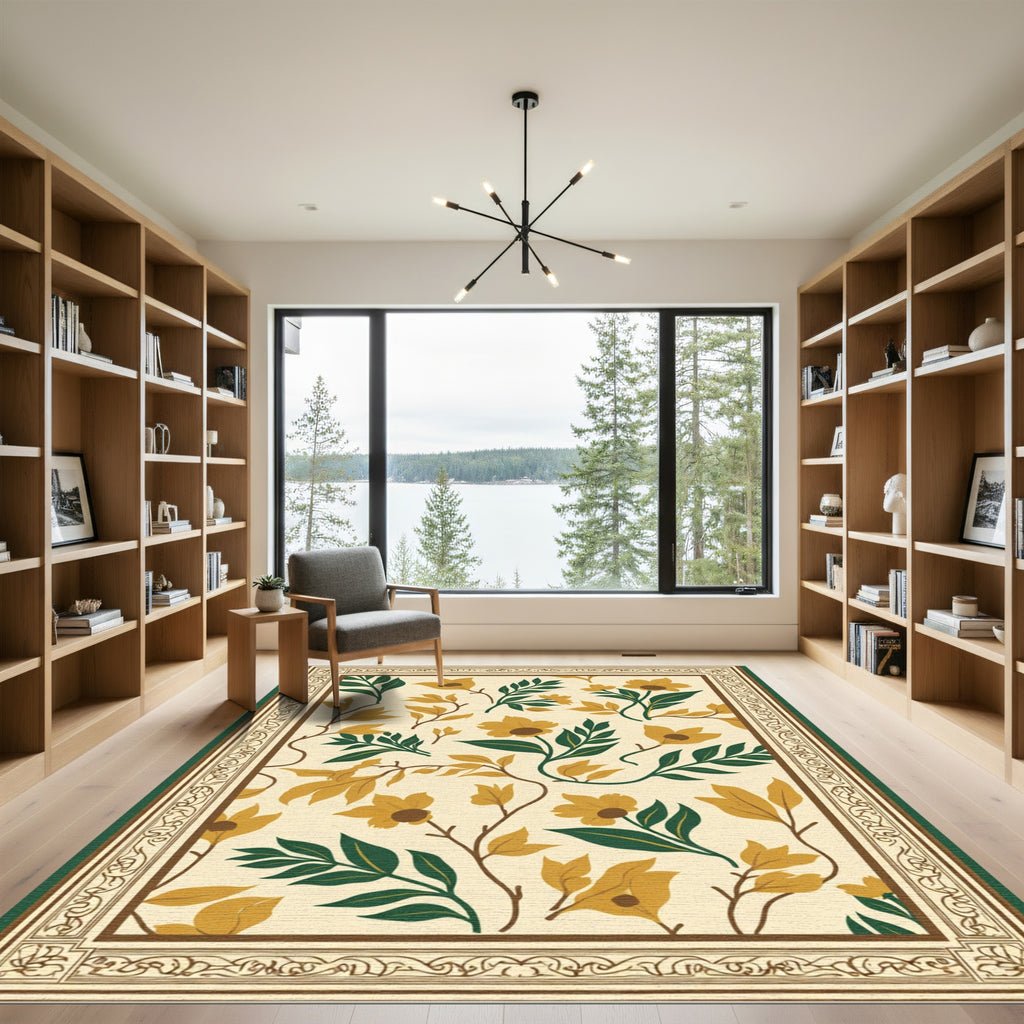 Golden Yellow Floral Botanical Border Rug