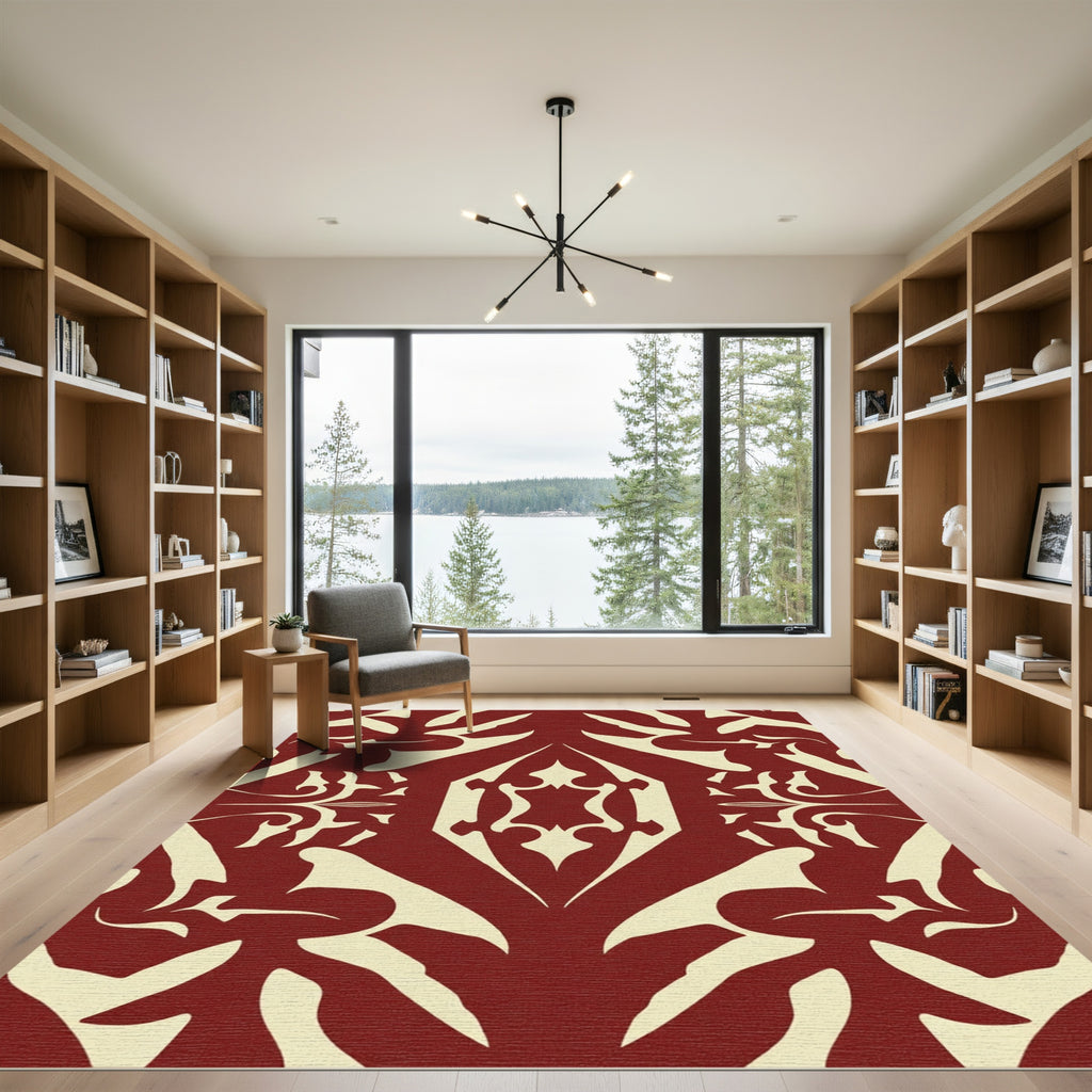 Crimson Cream Symmetric Damask Rug