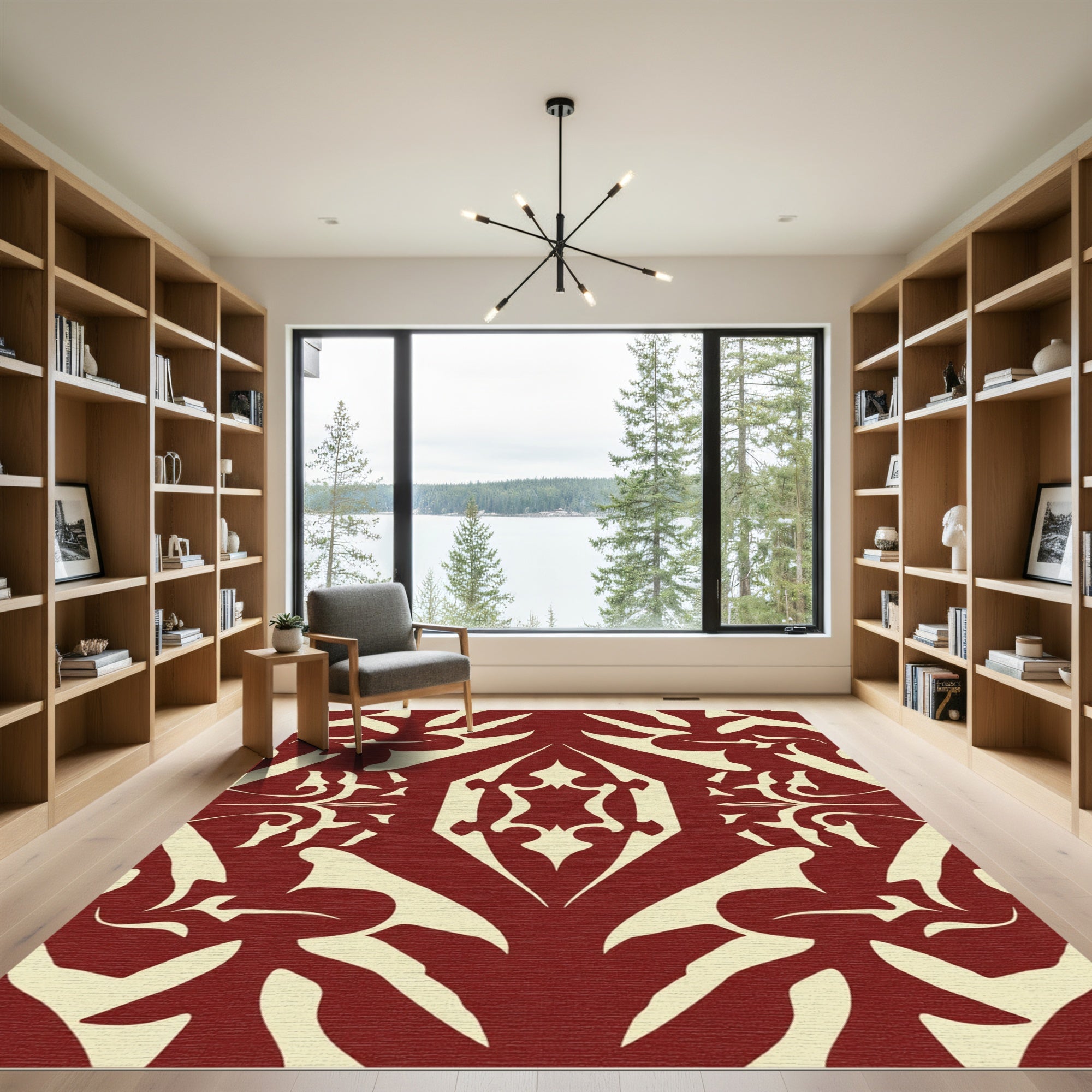 Crimson Cream Symmetric Damask Rug