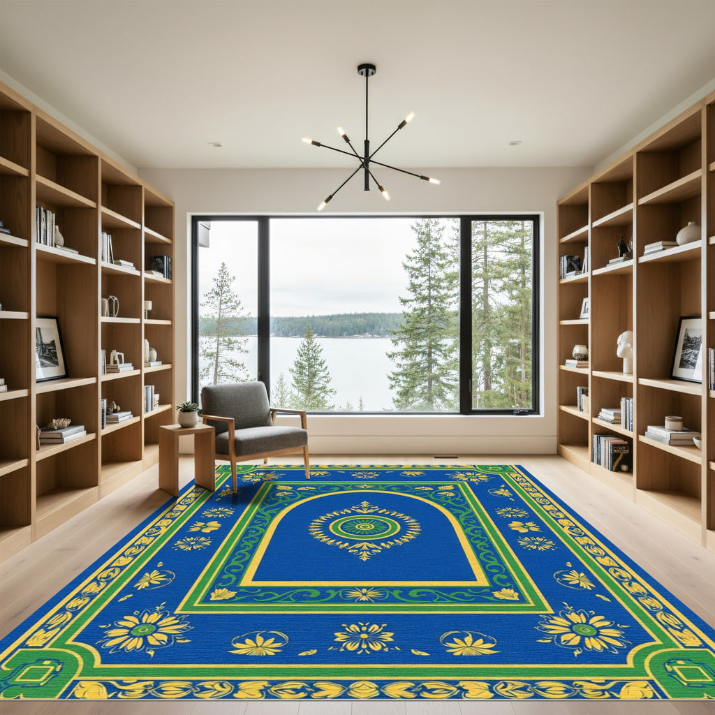 Royal Blue Yellow Green Floral Medallion Rug