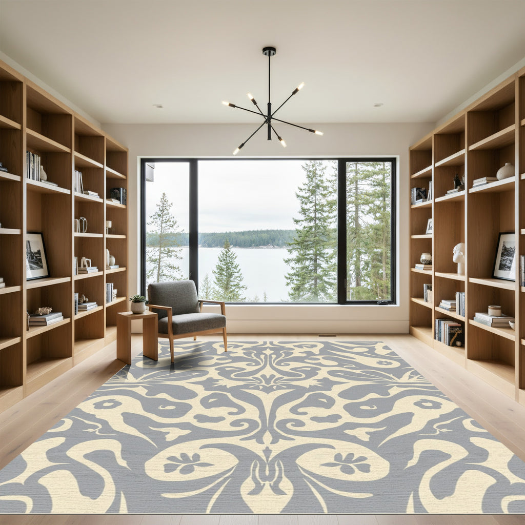 Cream Gray Floral Symmetry Rug