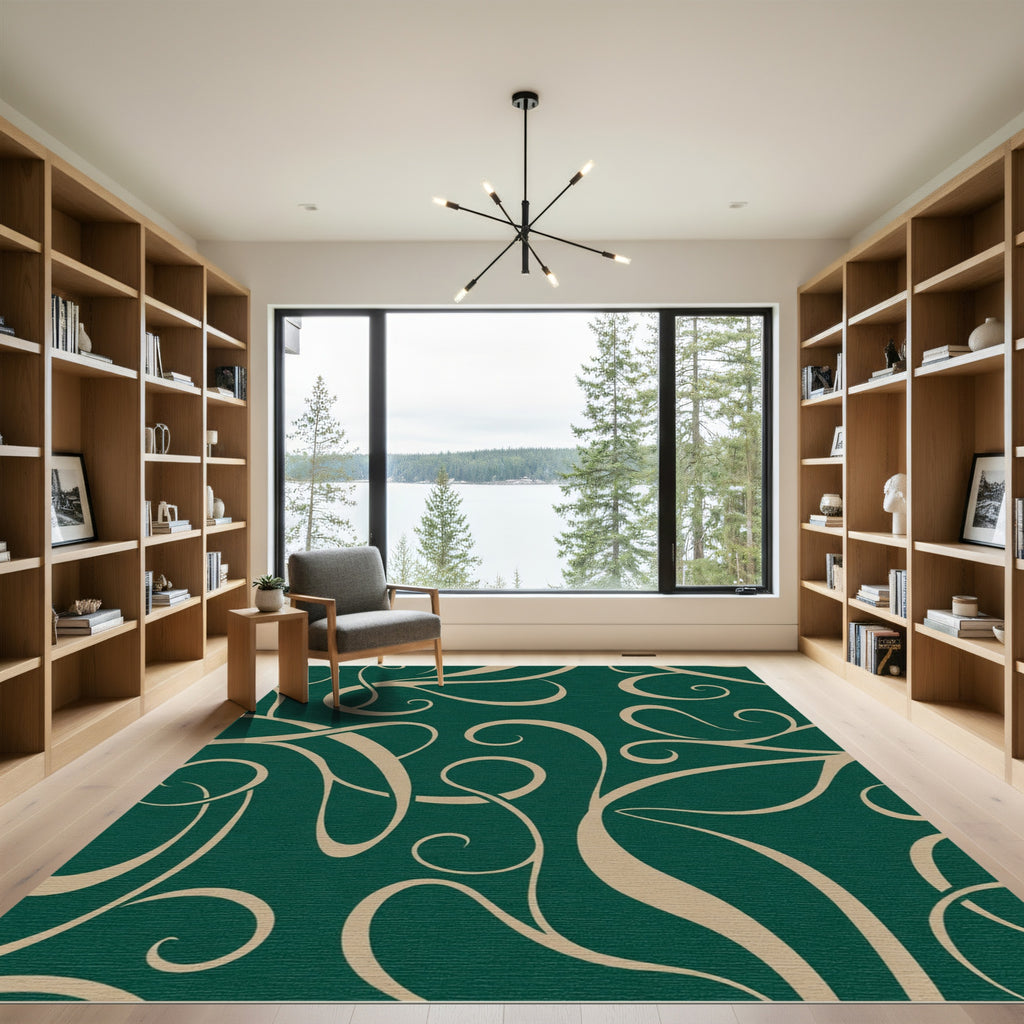 Deep Emerald Swirl Vine Abstract Rug