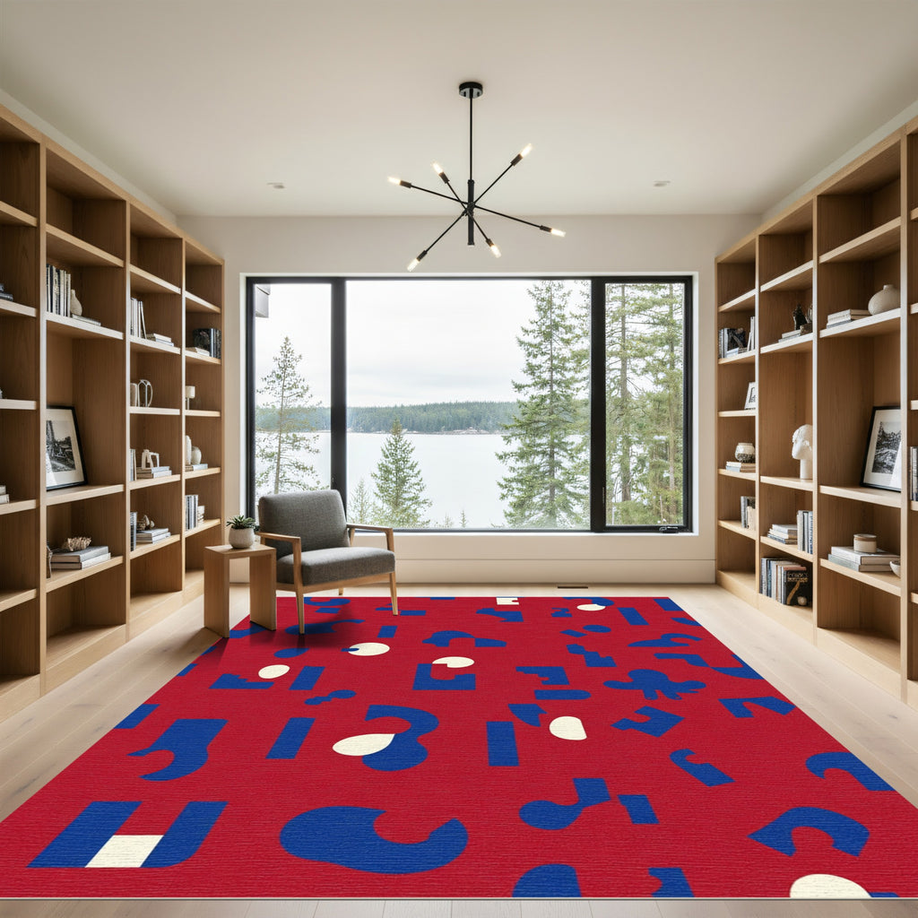 Red Blue Abstract Shapely Collage Rug