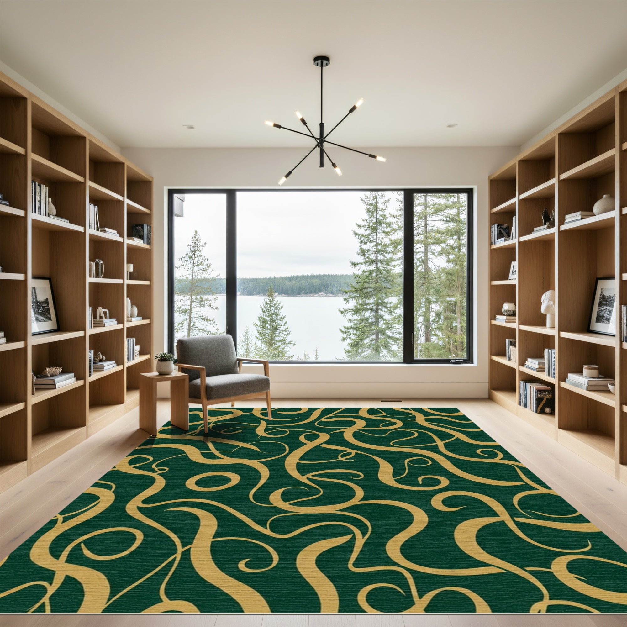 Emerald Gold Calligraphic Swirls Rug