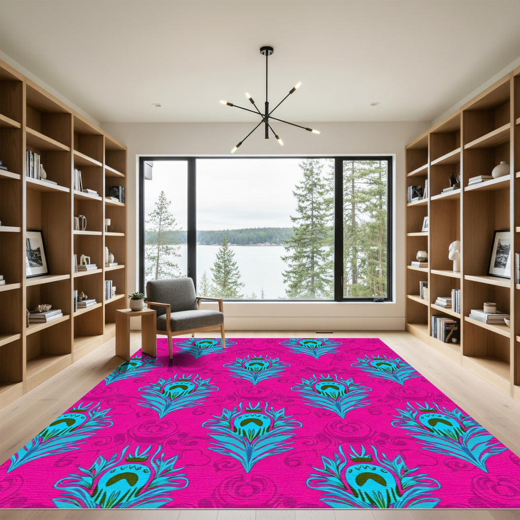 Vibrant Turquoise Peacock Feather Pink Rug