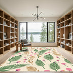 Pink Blooming Fern Leaf Pattern Rug