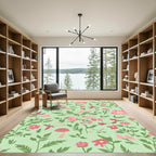 Pink Floral Birds Green Background Rug