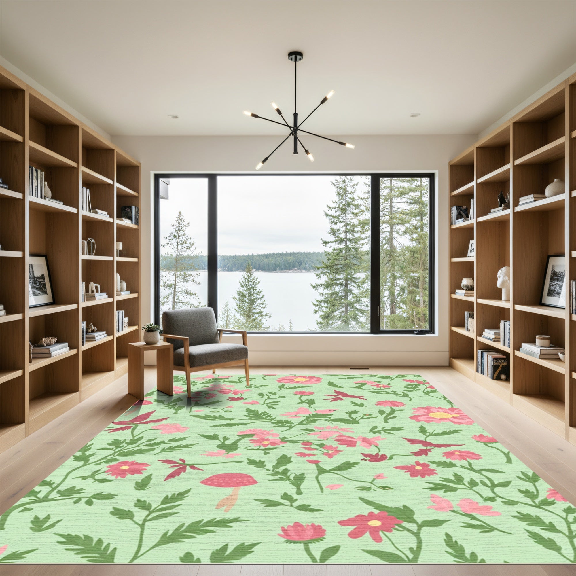 Pink Floral Birds Green Background Rug