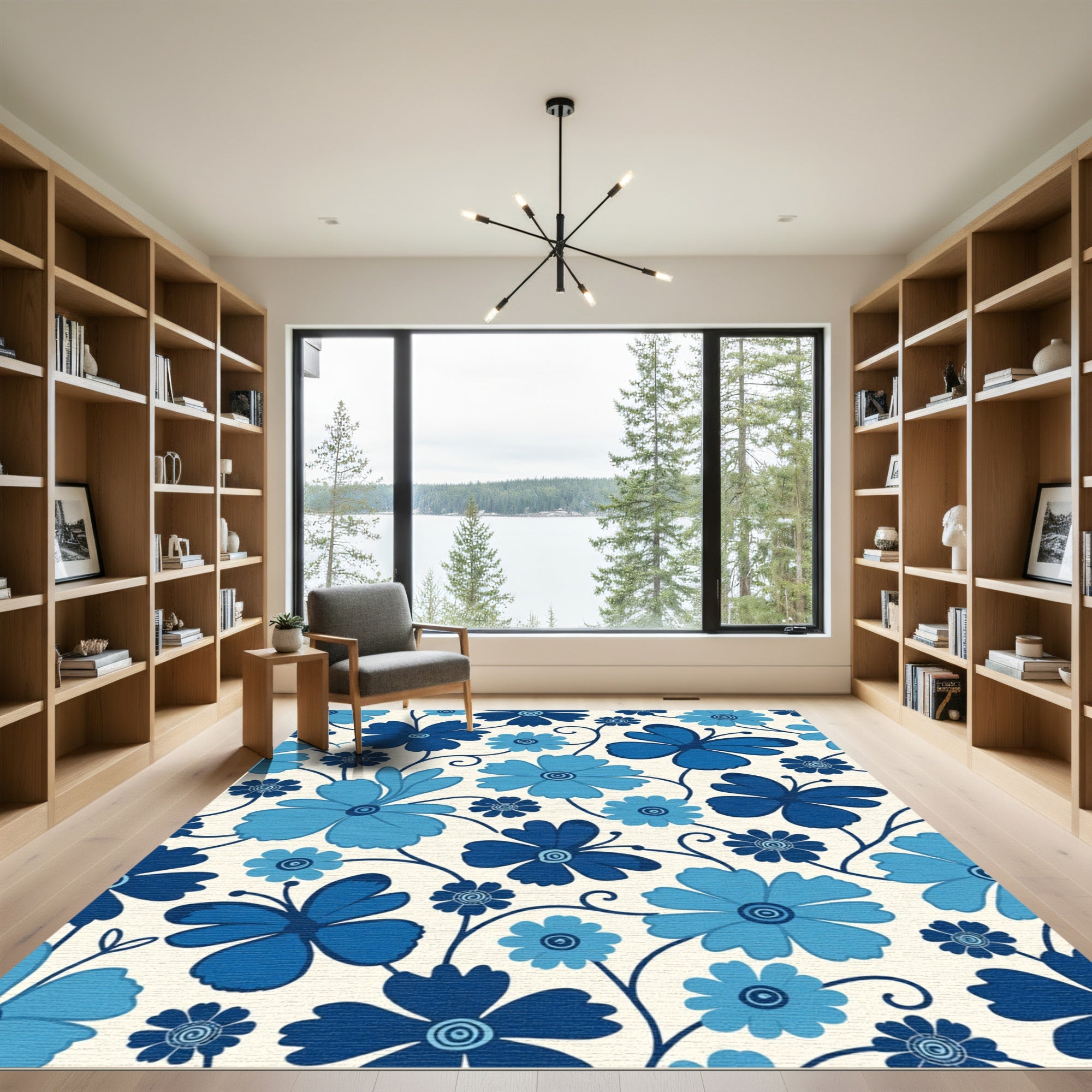 Midnight Blue Floral Butterfly Collage Rug