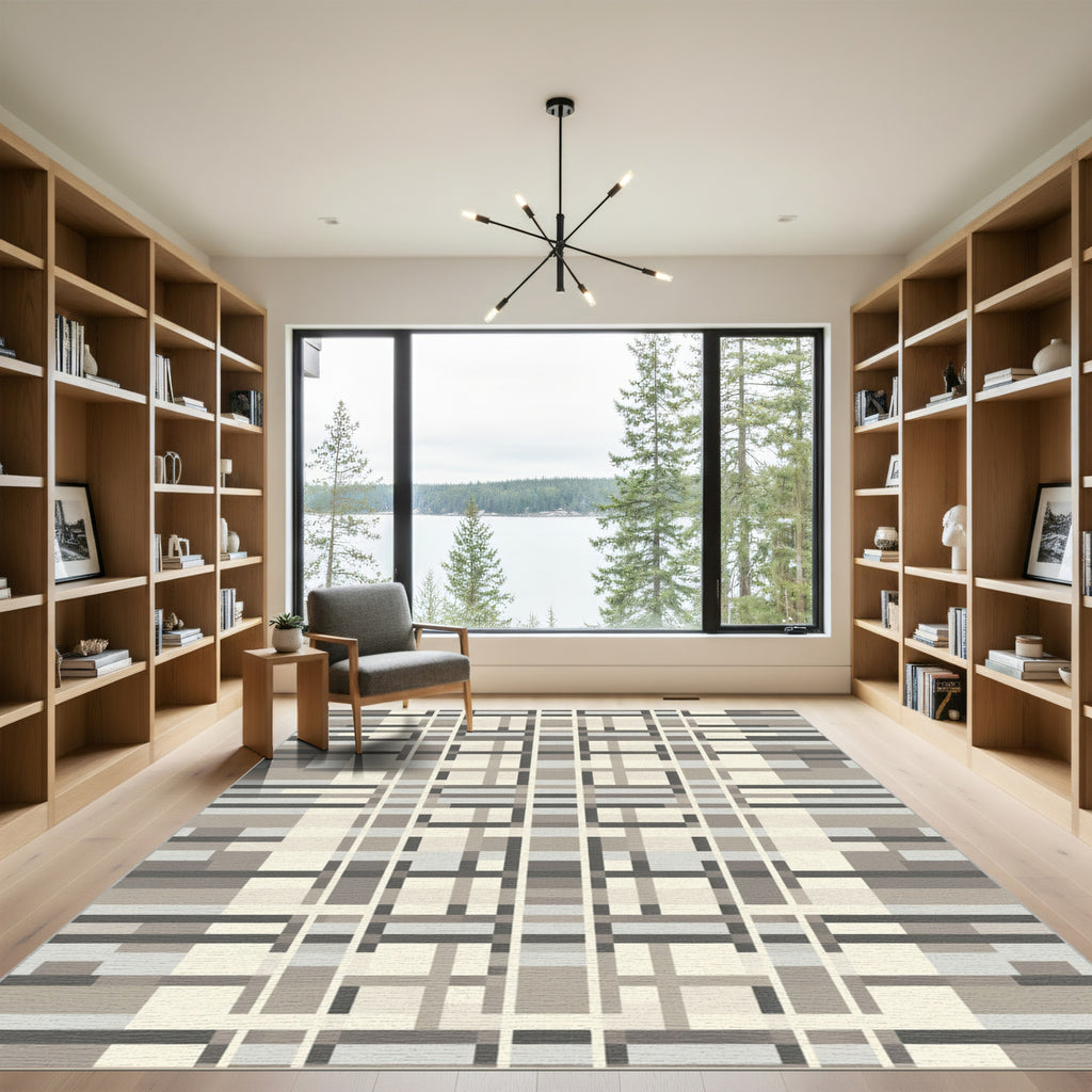 Neutral Tone Plaid Geometric Grid Rug