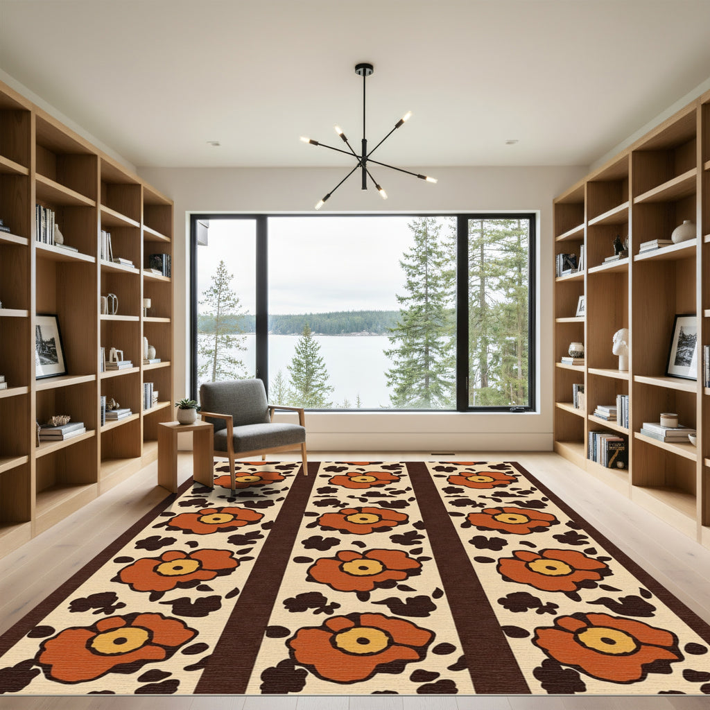 Terracotta Floral Stripe Textured Rug