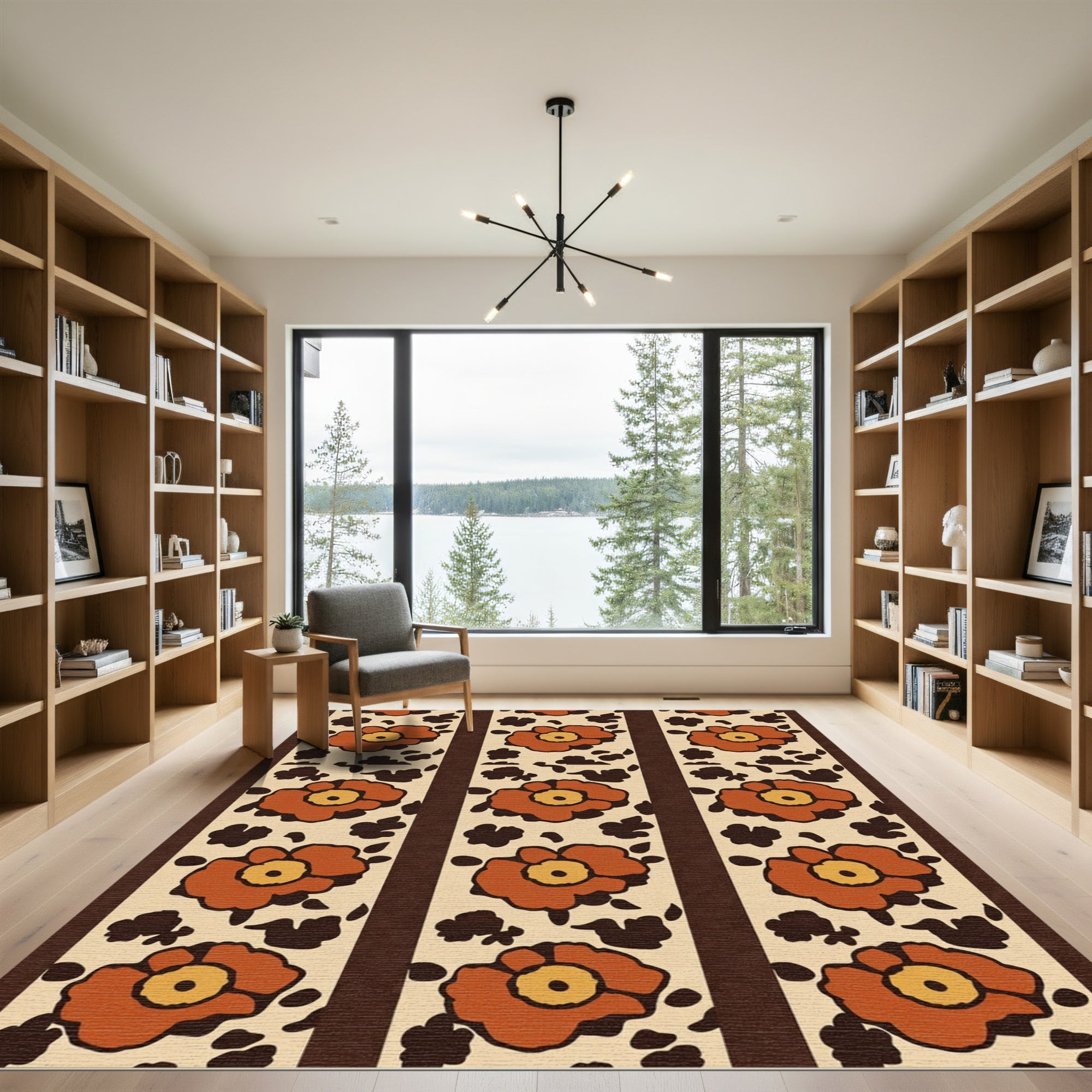 Terracotta Floral Stripe Textured Rug