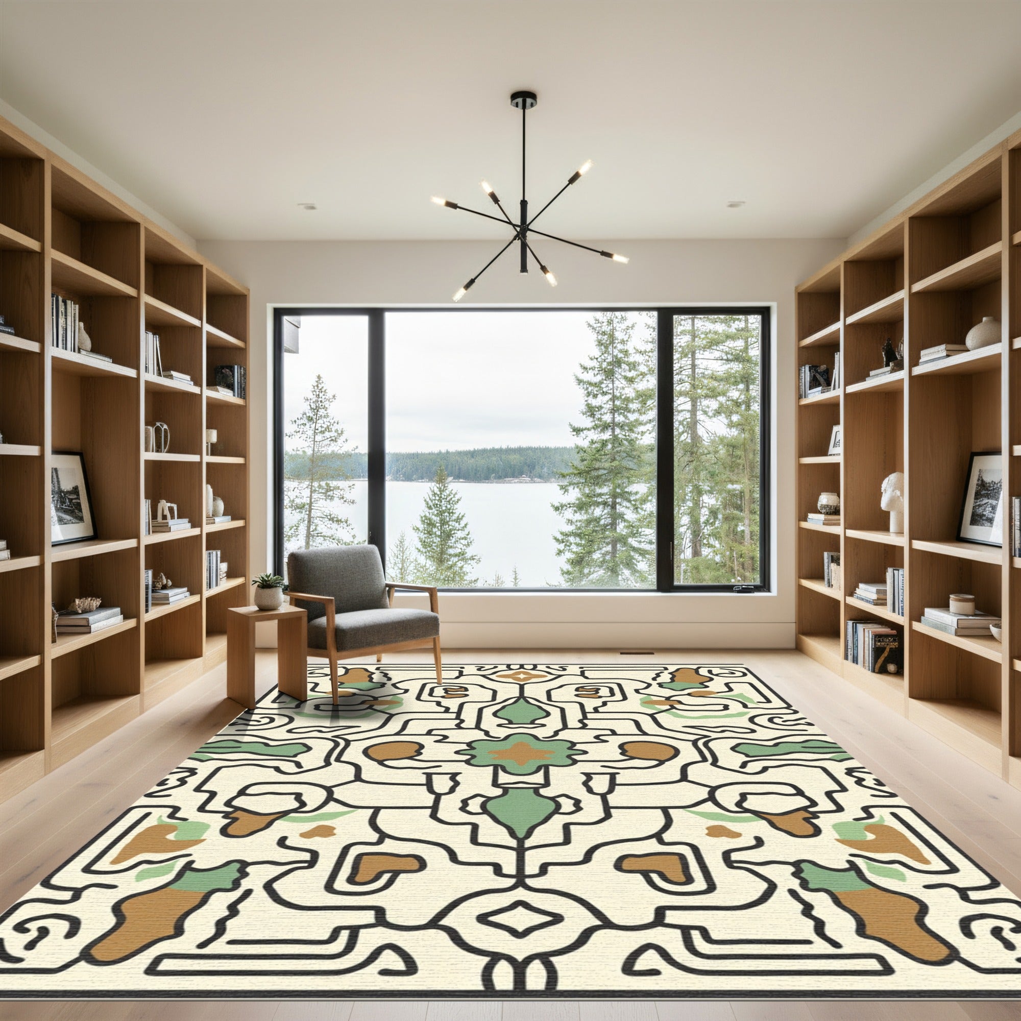 Cream Black Abstract Organic Medallion Rug