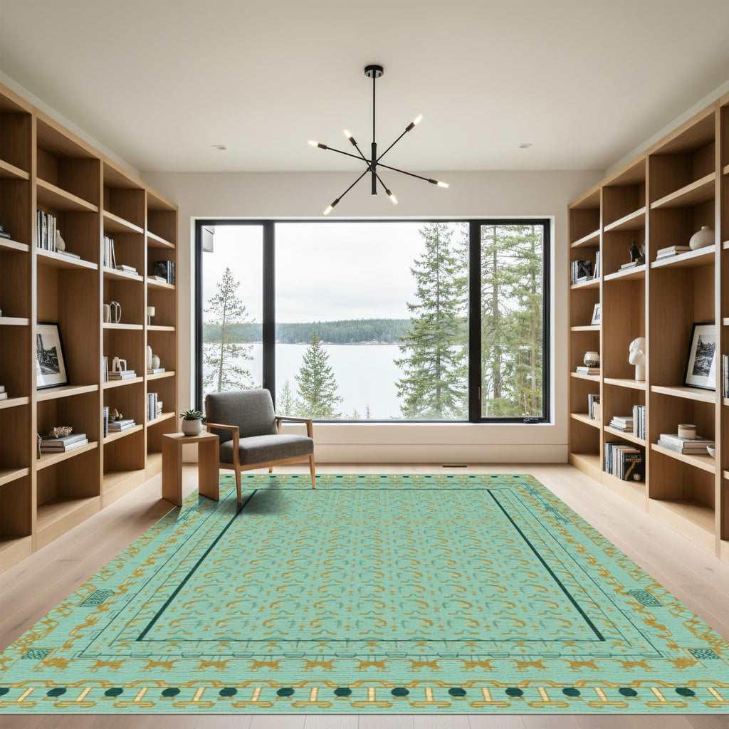 Teal Gold Geometric Arch Border Rug