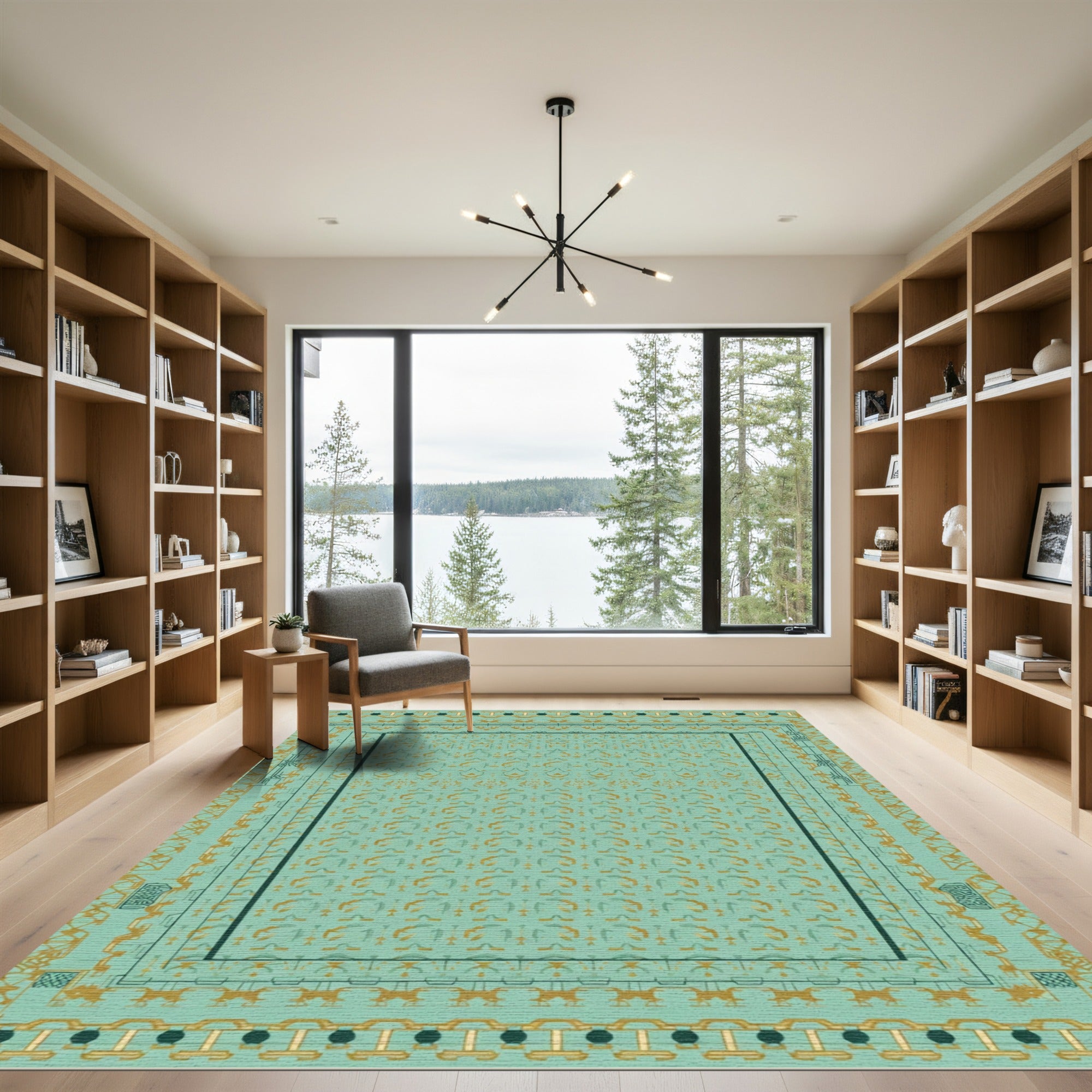 Teal Gold Geometric Arch Border Rug