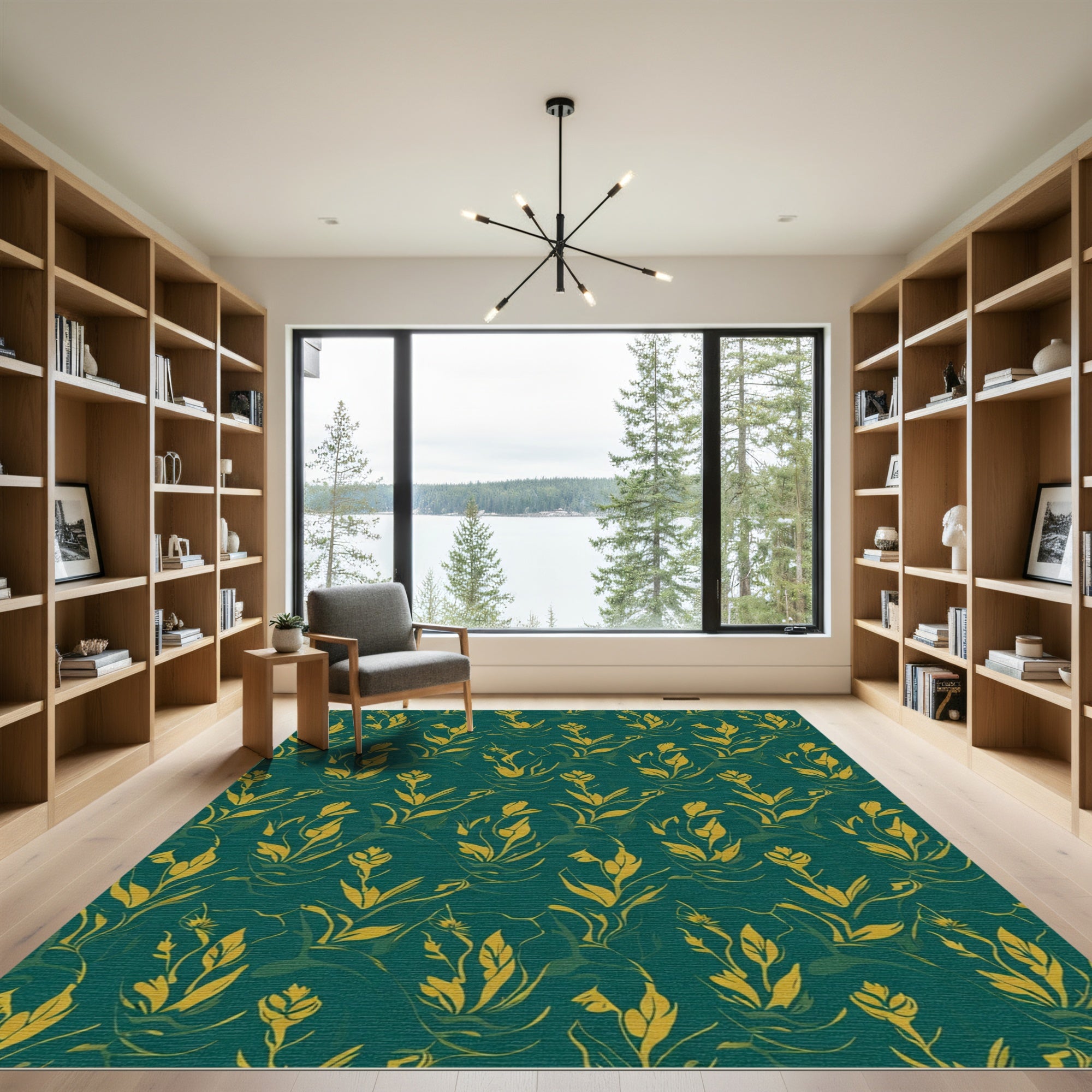 Golden Floral Swirl Emerald Rug
